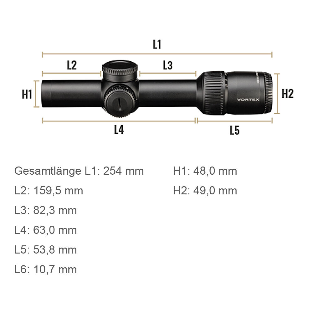 Abbildung eines Vortex Zielfernrohrs mit markierten Segmentlängen L1 bis L6 und Höhenmaßen H1 und H2 in Millimetern, inklusive Gesamtlänge 254 mm