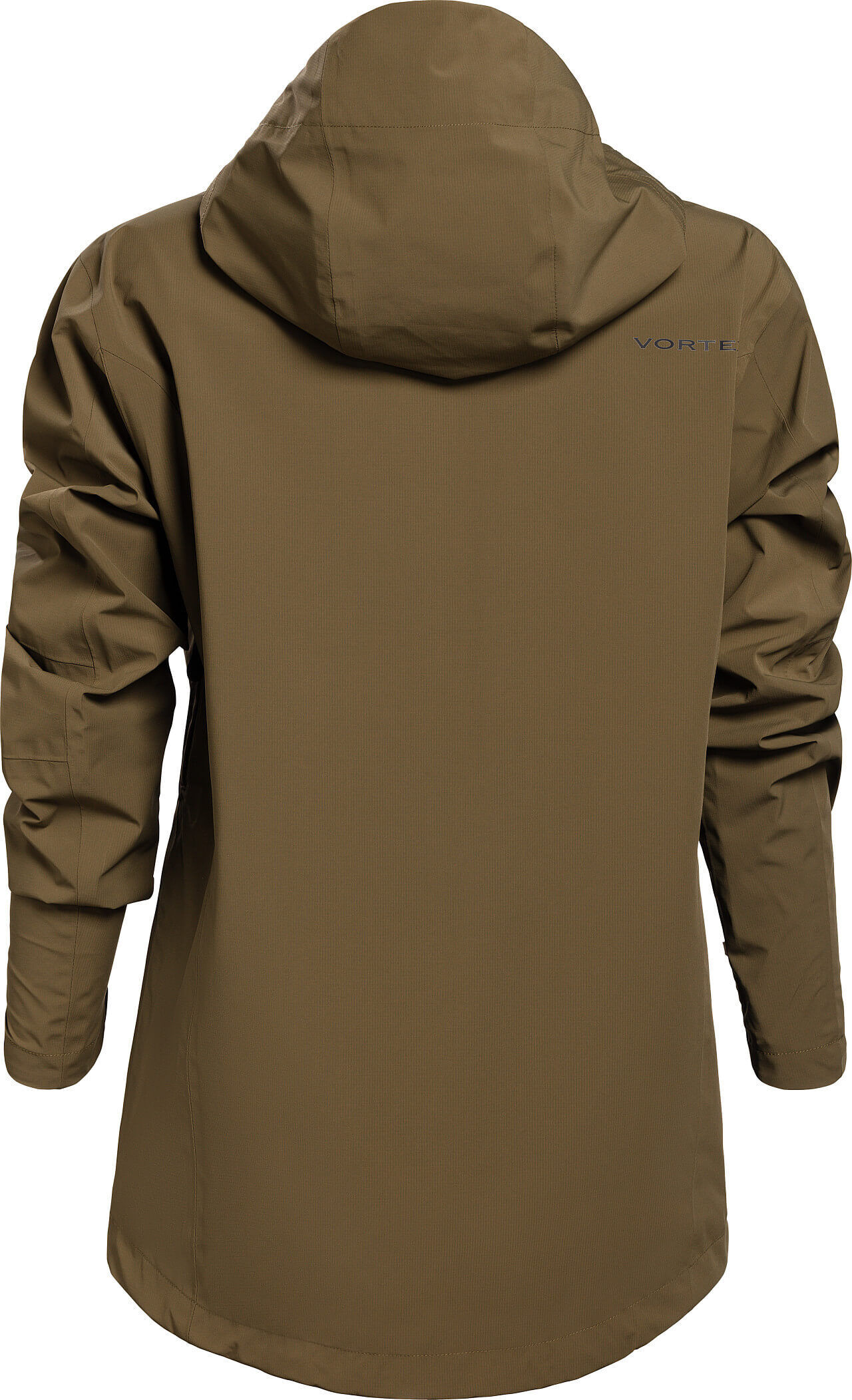 Rückansicht einer olivgrünen Outdoor-Jacke mit Kapuze, die robust und wetterfest ist.