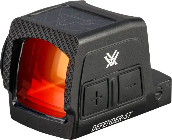 Schwarzes Vortex Defender-ST Rotpunktvisier mit roter Reflexlinse und seitlichen Bedientasten für präzises Sportschießen
