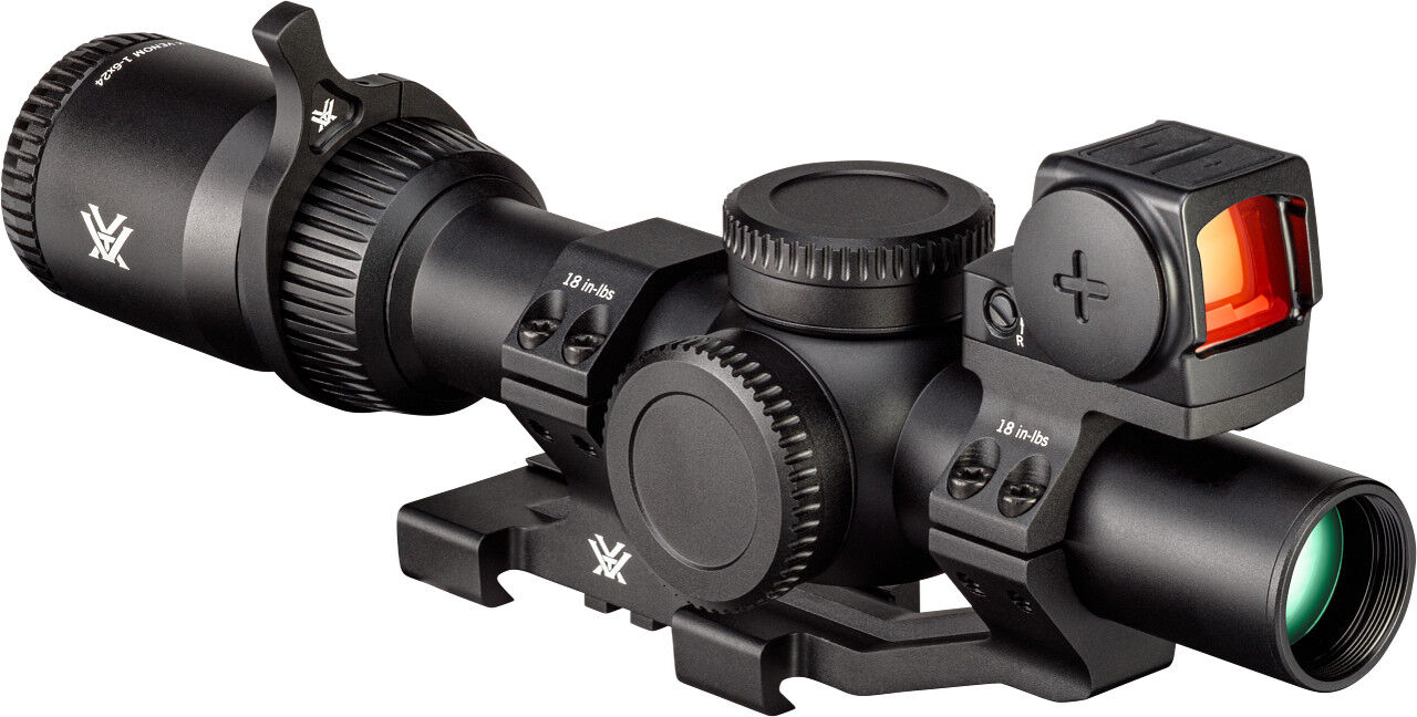 Schwarzes Vortex Zielfernrohr mit seitlich montiertem Rotpunktvisier auf Montage, ideale Optik-Kombination für Sportschützen und Jäger