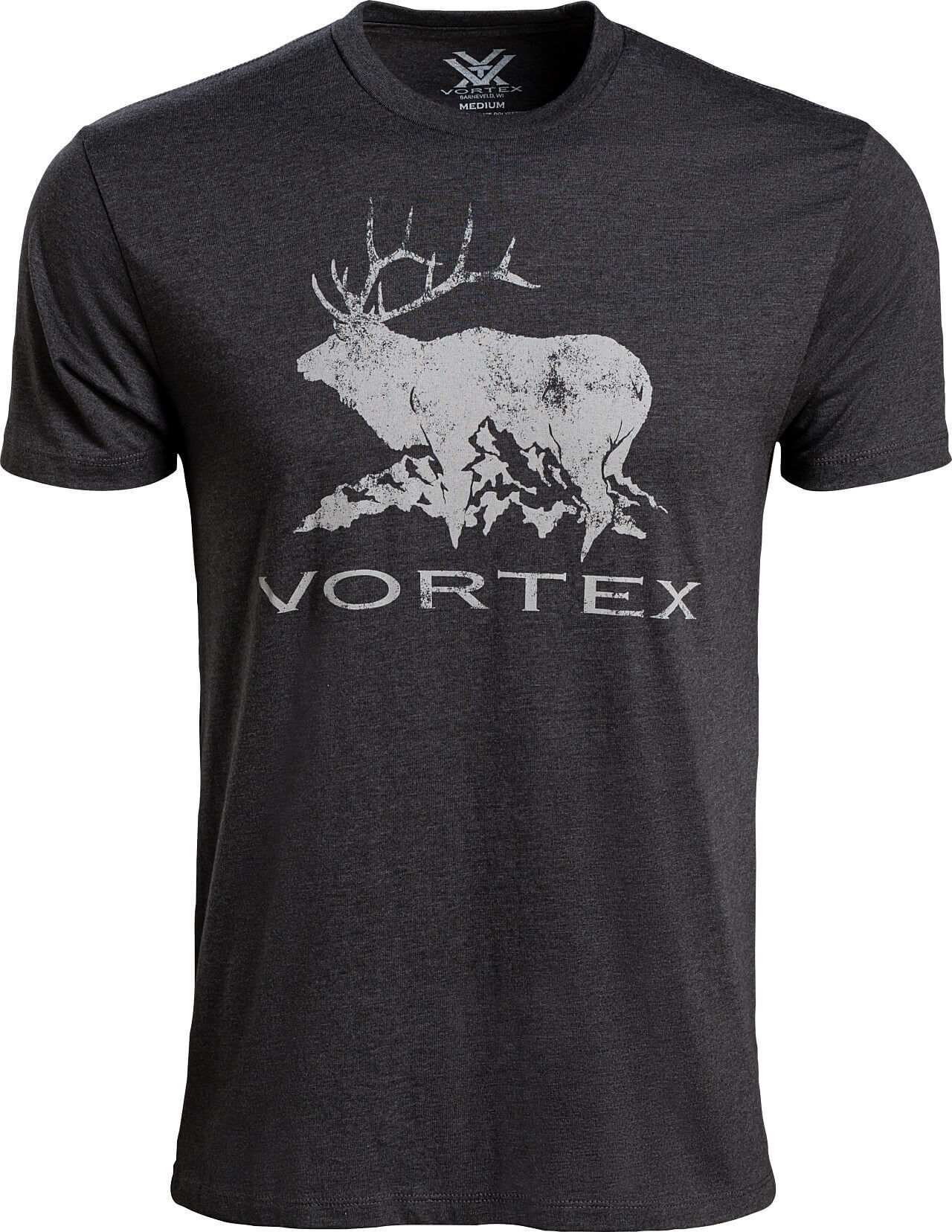 Ein schwarzes T-Shirt mit einem großen weißen Hirschmotiv über dem Schriftzug Vortex.
