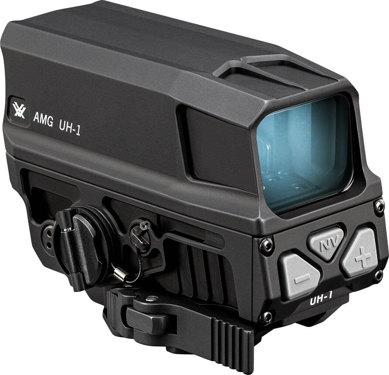 Seitenansicht des Vortex AMG UH-1 Gen II Holographischen Visiers mit schwarzen Details und Bedienknöpfen.