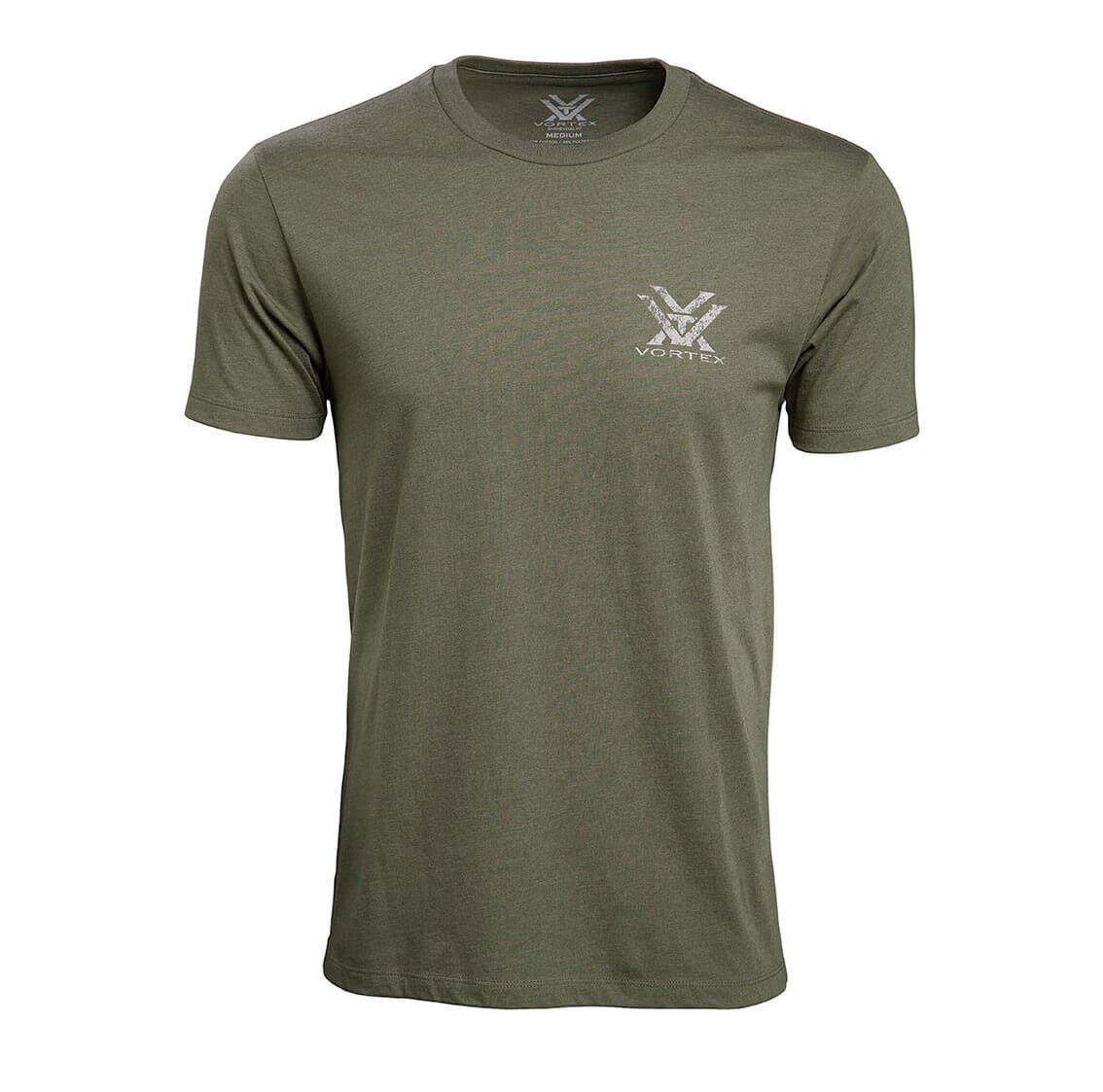 Olivegrünes T-Shirt mit kleinem Vortex-Logo auf der Brust