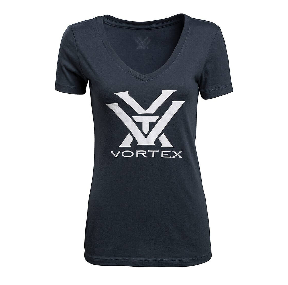 Schwarzes Damen T-Shirt mit V-Ausschnitt und weißem Vortex-Logo auf der Vorderseite