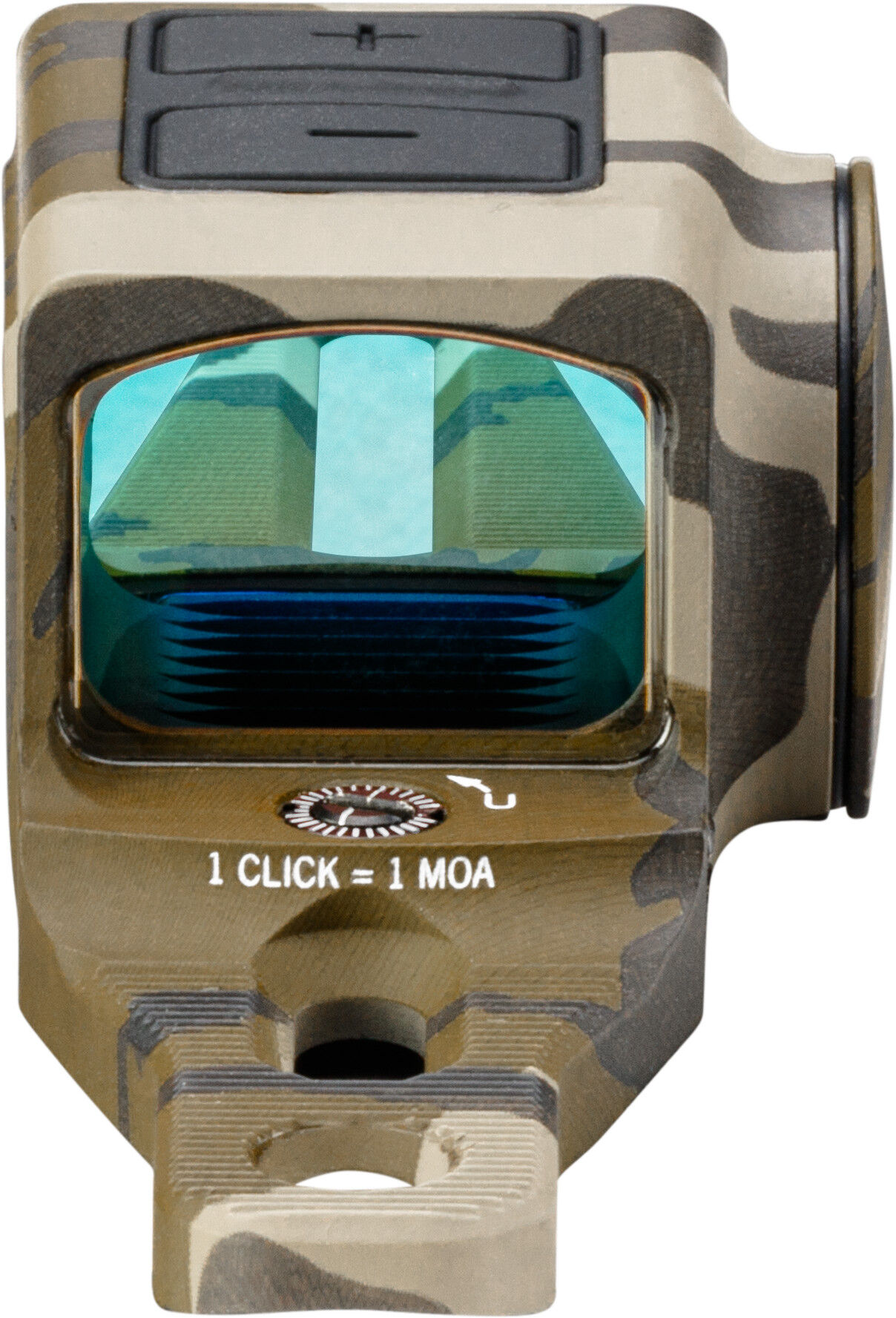Frontansicht des Vortex Viper Shotgun Enclosed Micro Red Dot in Mossy Oak Bottomland Camo von Vortex, robustes geschlossenes Rotpunktvisier für Schrotflinten zur schnellen Zielerfassung bei Jagd und Sportschießen