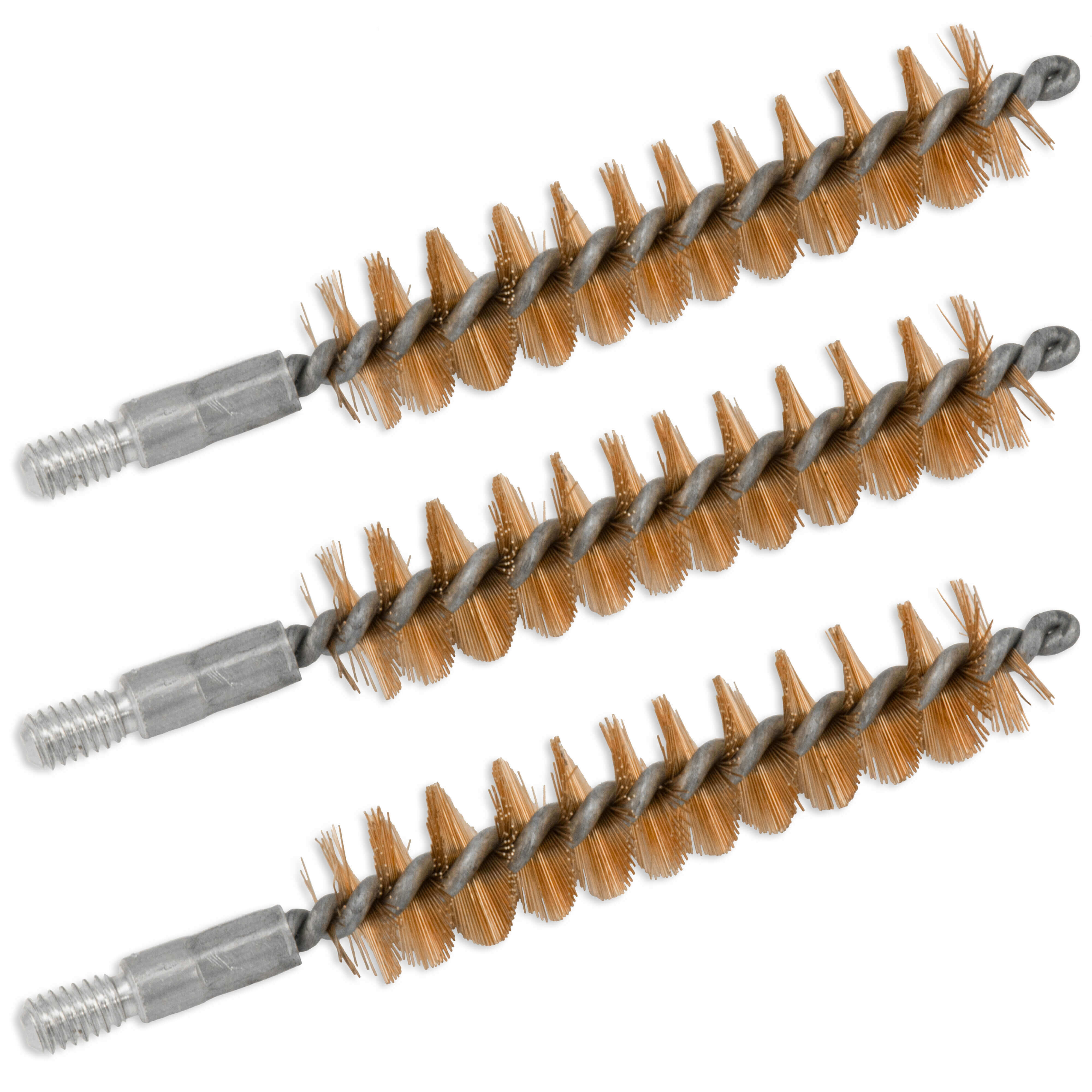 Bild von drei spiralförmigen Reinigungsbürsten mit metallischen Borsten, geeignet für die Reinigung von Rohren und anderen Oberflächen.