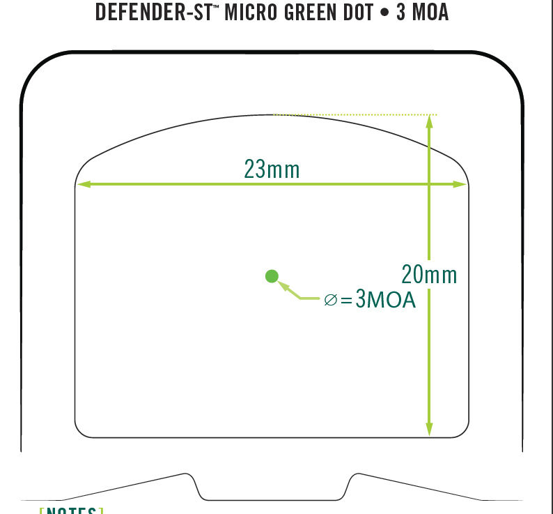 Defender-ST Micro Green Dot mit 3 MOA, Abmessungen 23x20mm, zeigt eine grüne Punktdarstellung innerhalb einer rechtwinkligen Anzeige.
