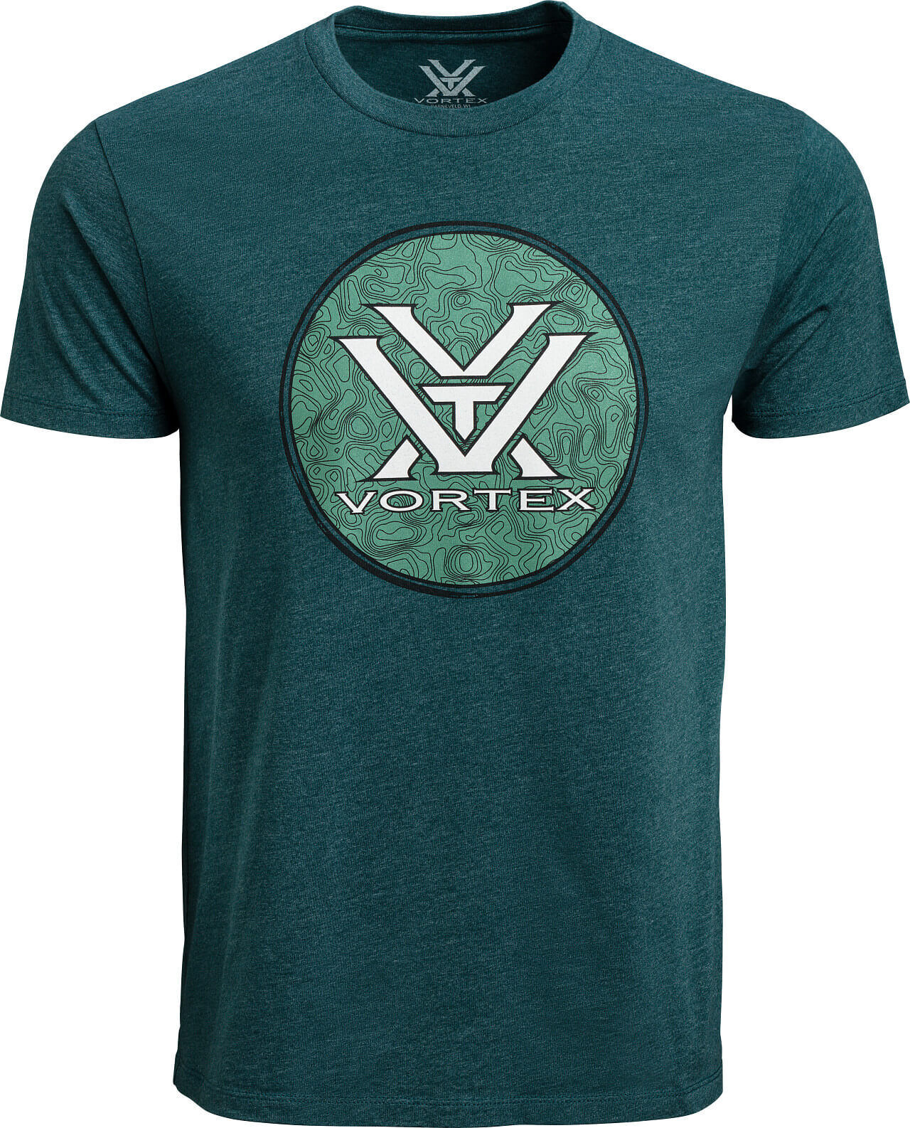 Grünes T-Shirt mit Vortex-Logo und einem runden, gemusterten Emblem auf der Vorderseite