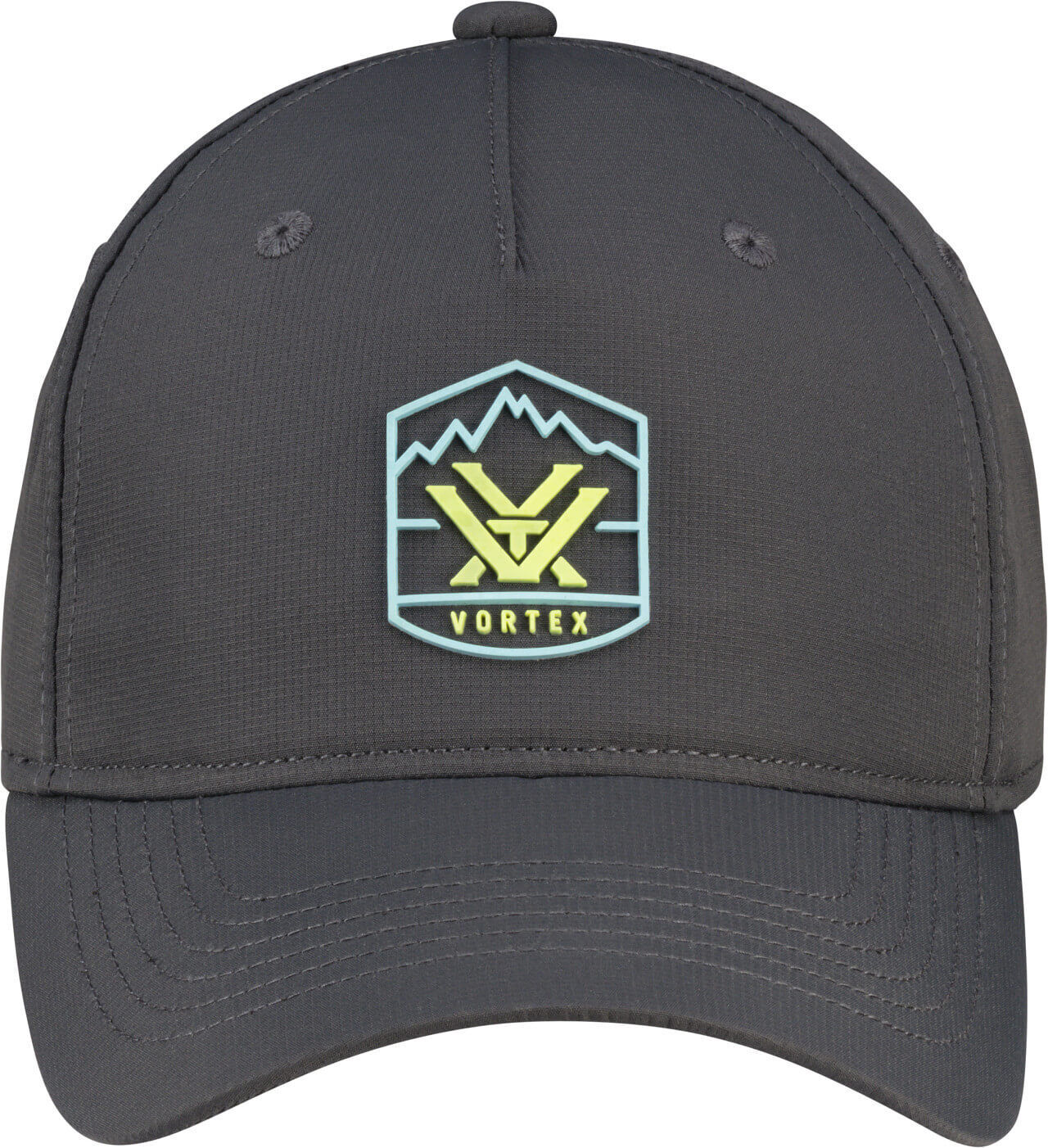 Frontansicht einer grauen Baseballkappe mit einem Vortex-Logo in Gelb und Blau. Die Kappe hat gewebte Nähte und Lüftungslöcher.