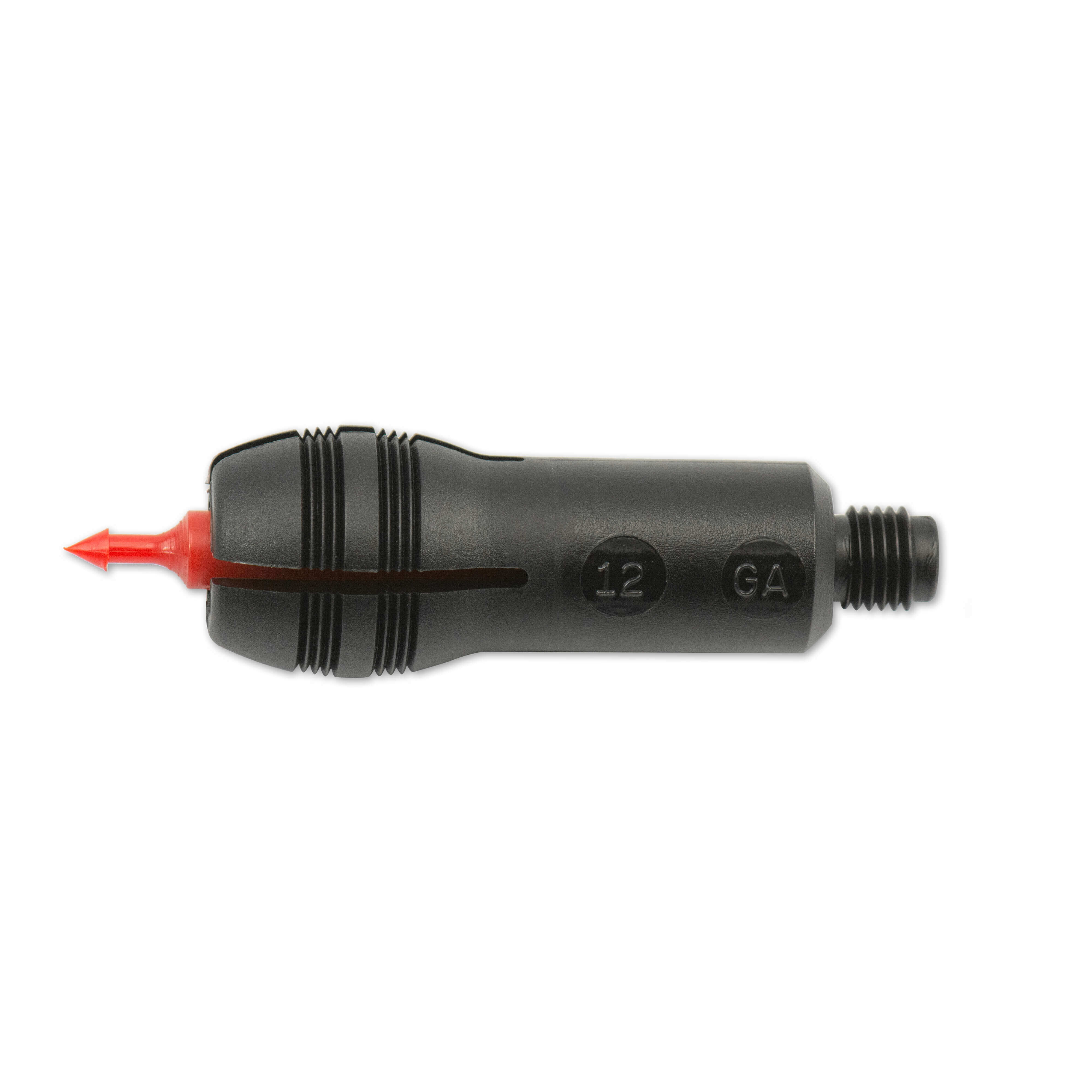 Schwarze Sprühdüse mit roter Spitze und Gewindeanschluss, Aufschrift '12 GA'