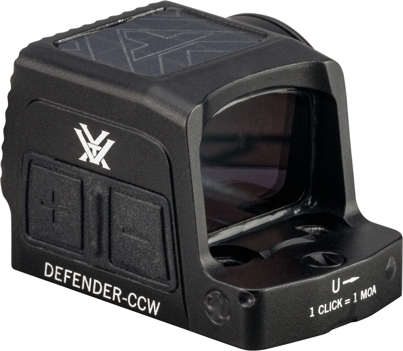 Nahaufnahme eines Vortex Defender CCW Leuchtpunktvisiers mit Bedienelementen zur Einstellung der Sichtweite