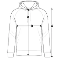 Illustration eines Hoodies mit Maßangaben für Länge, Brustweite und Ärmellänge