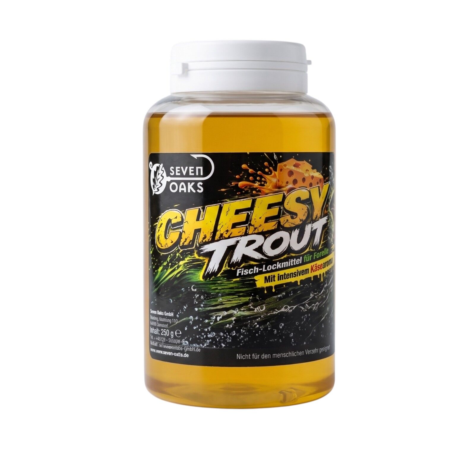 Flasche Seven Oaks Cheesy Trout Fisch-Lockmittel, gelber Lockstoff für Forellenangeln mit starkem Käsearoma, 250 g