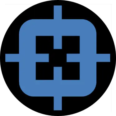 Rundes Logo mit blauem Fadenkreuz-Symbol auf schwarzem Hintergrund, modernes Icon für Zielerfassung oder Präzisionsprodukte