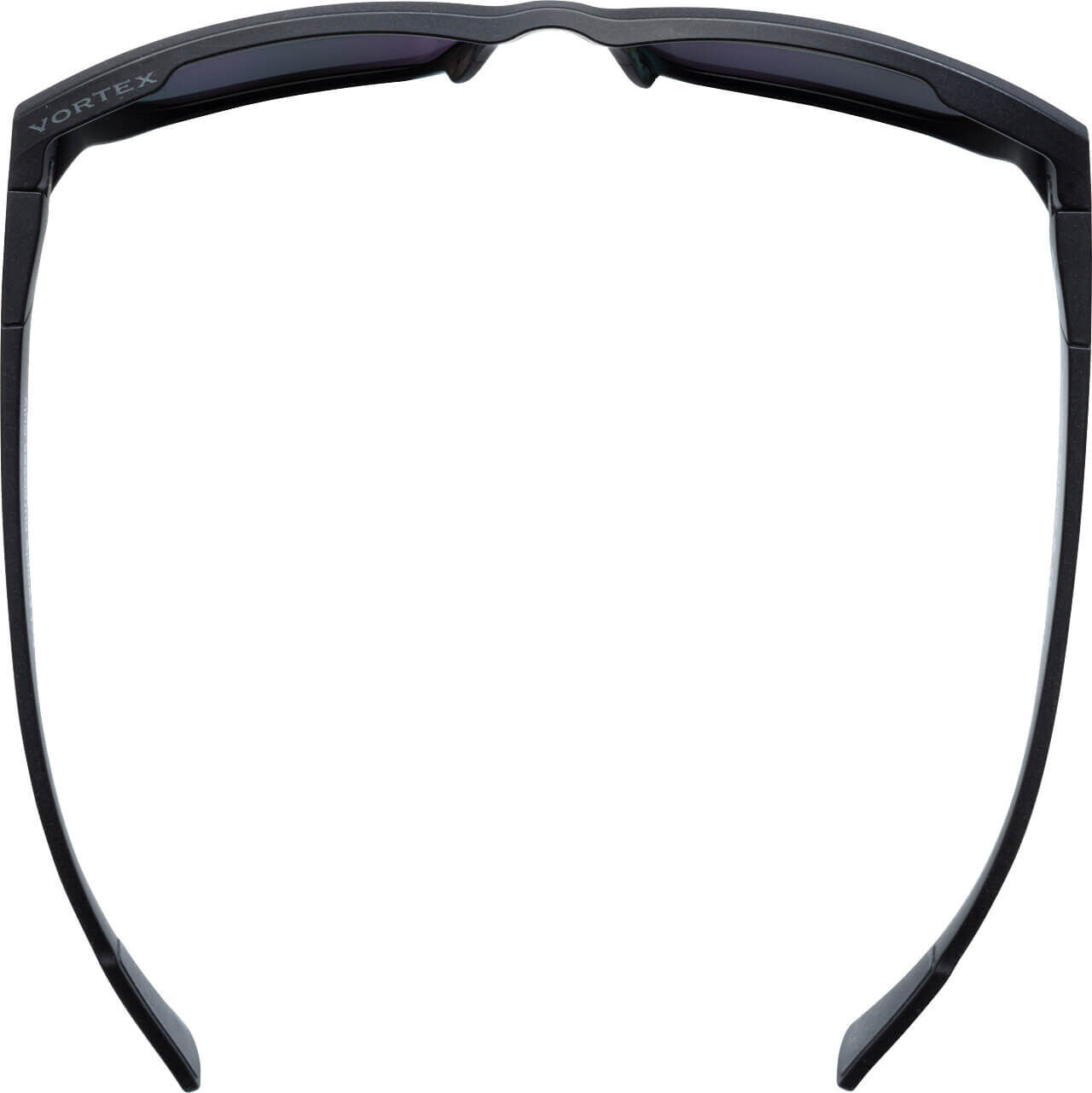Rückansicht einer sportlichen Sonnenbrille mit schwarzem Rahmen und dunklen Gläsern