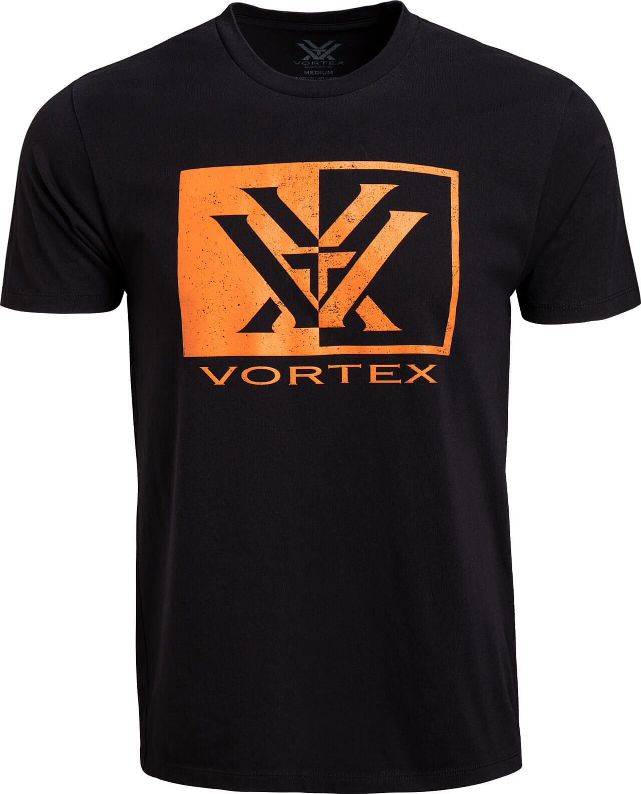 Schwarzes T-Shirt mit großem, orangefarbenem Vortex-Logo auf der Vorderseite
