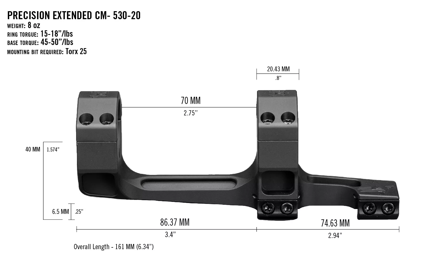Schwarzer Präzisionsverlängerung CM-530-20 Montagering mit technischen Maßen