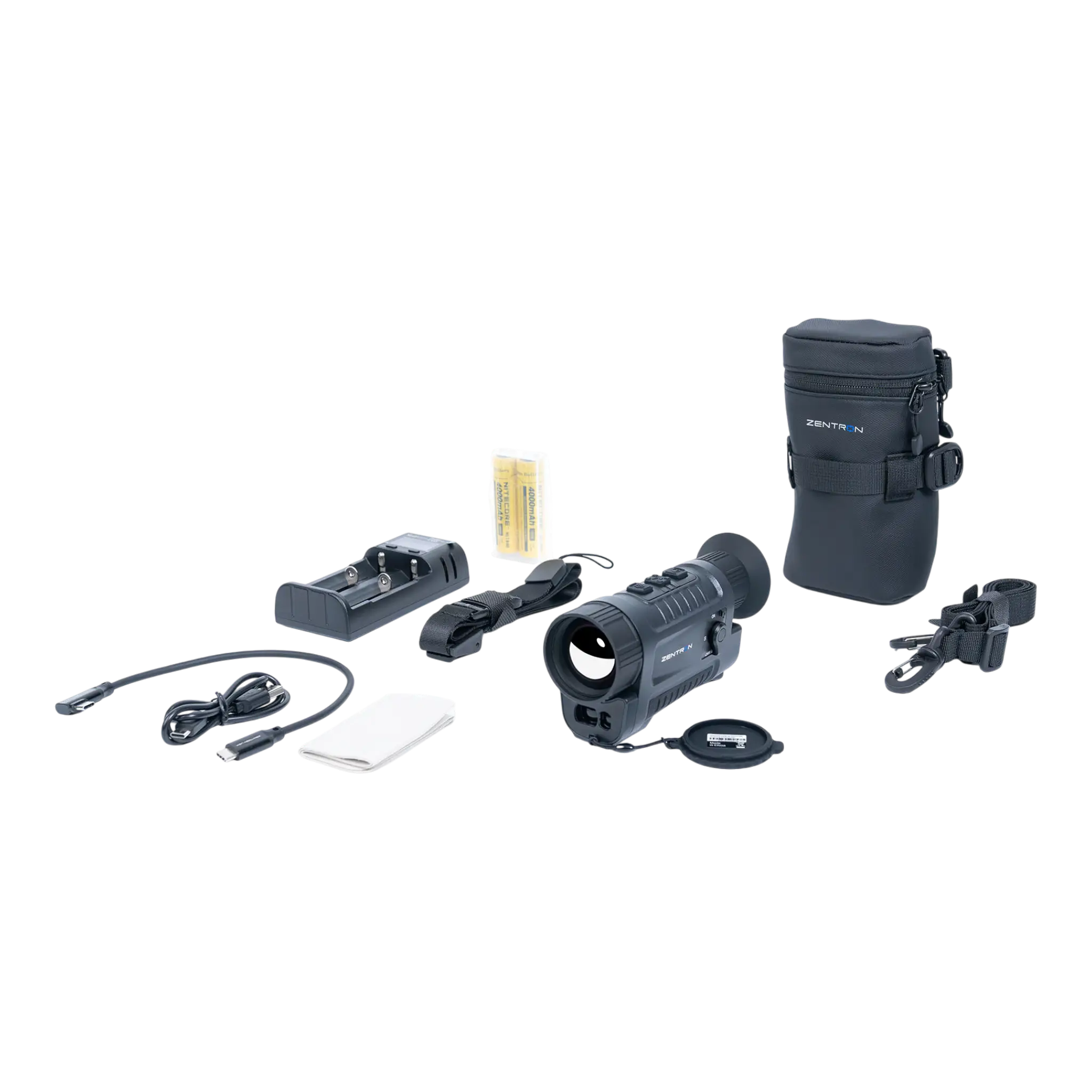 Zentron Wärmebildkamera-Monokular im Set mit Tragetasche, Akkus, Ladegerät, USB-Kabel, Trageriemen und weiterem Zubehör für Jagd und Outdoor-Einsätze