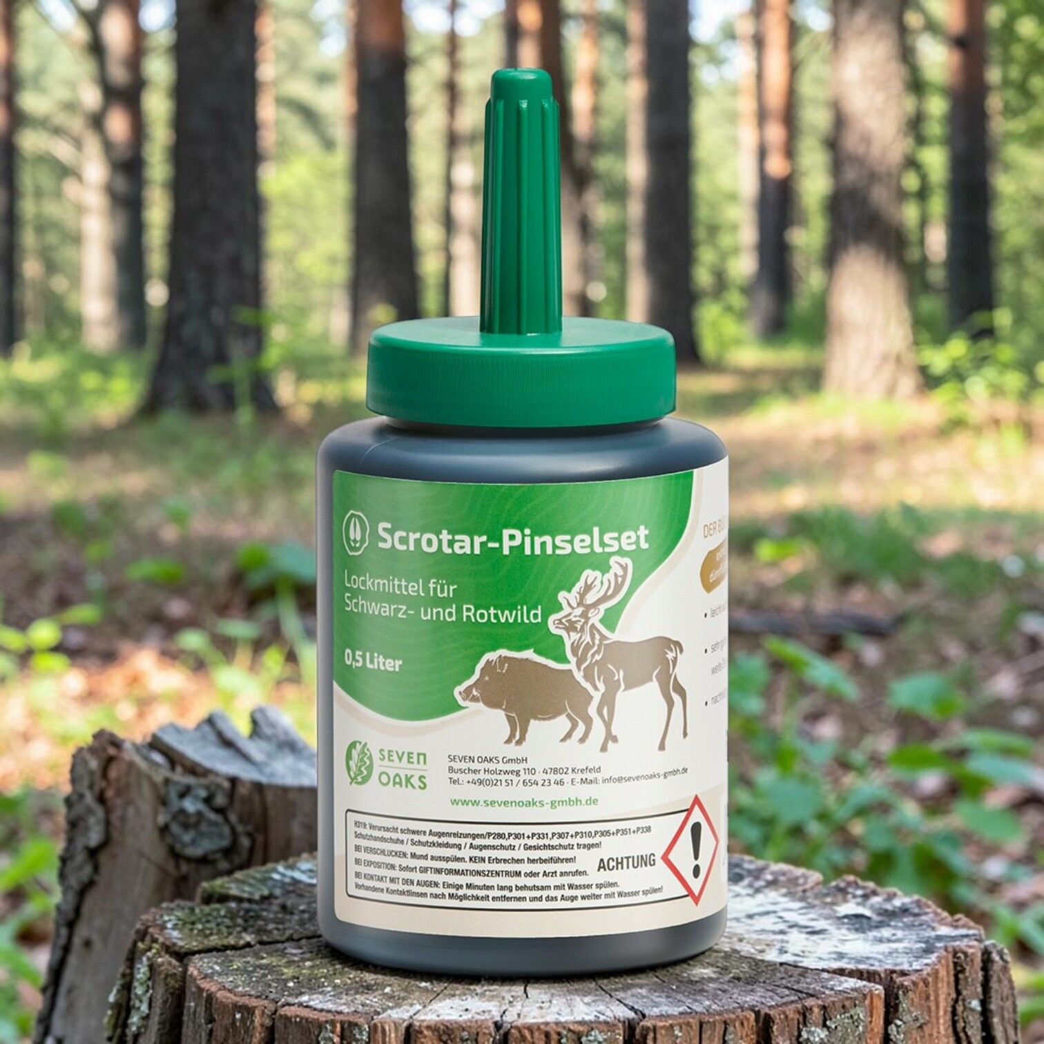 Scrotar - Buchenholzteer Pinselflasche von Seven Oaks, dünnflüssiger Buchenholzteer im 0,5 l Pinselset als Lockmittel für Schwarzwild im Wald