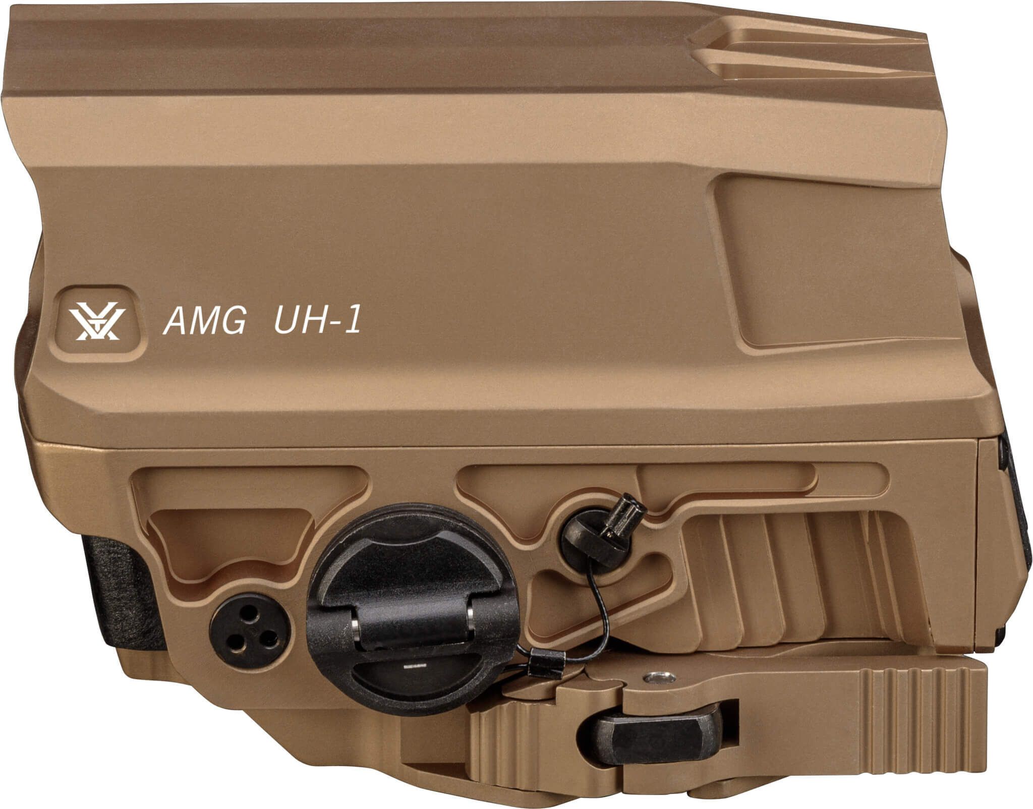Seitliche Ansicht eines Vortex AMG UH-1 Gen II holografischen Visiers in Coyote Brown, zeigt Detaillierung und Design.