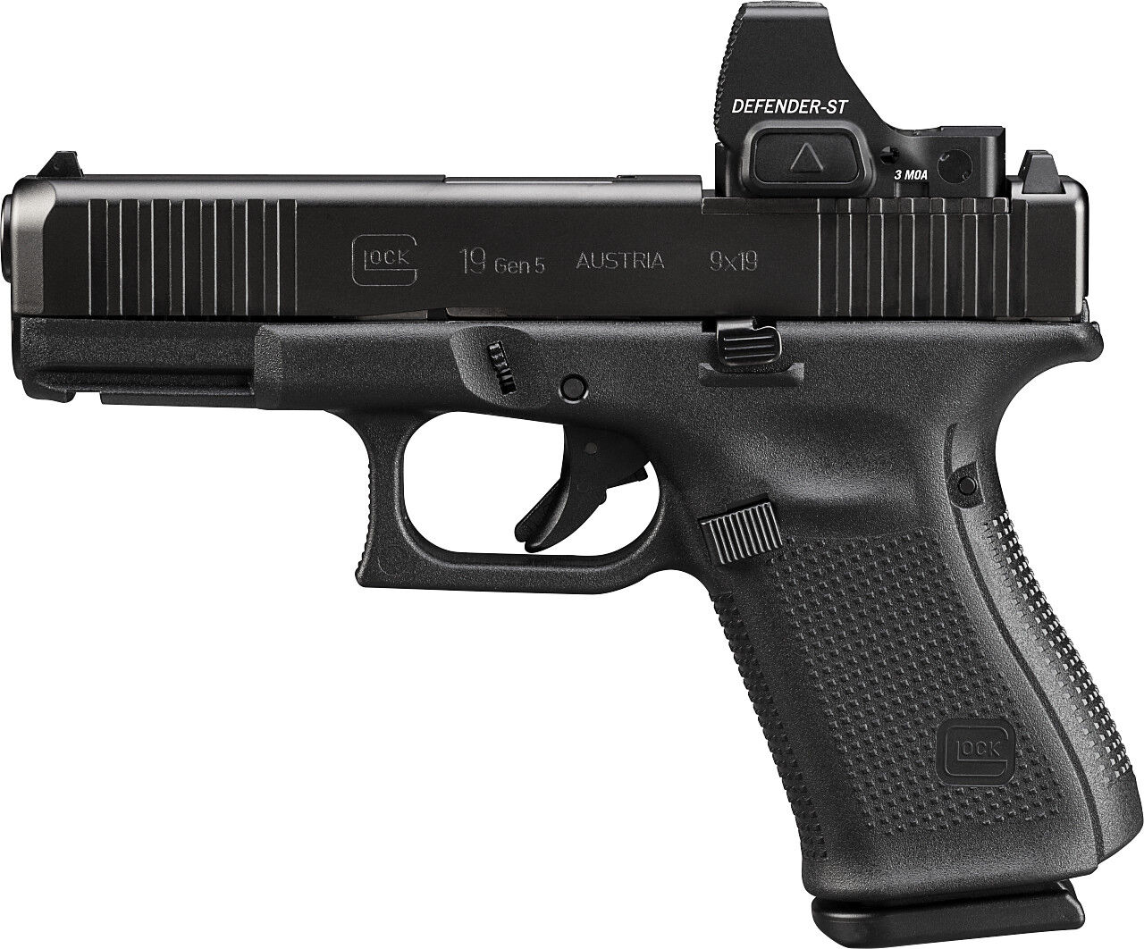 Seitliche Ansicht einer Glock 19 Gen 5 Pistole mit Rotpunktvisier