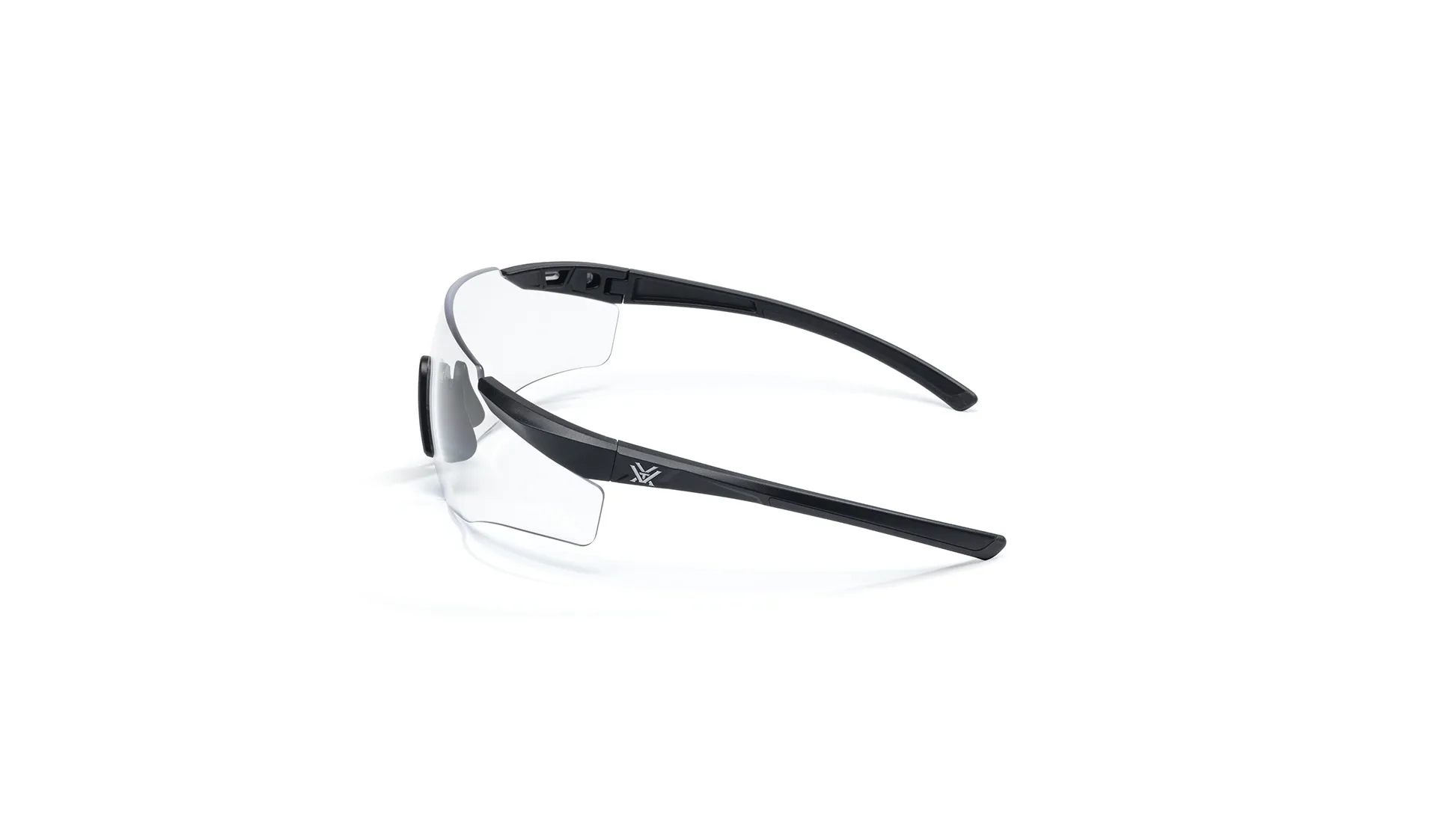 Sicherheitsschutzbrille mit schwarzem Rahmen und transparenten Gläsern von der Seite