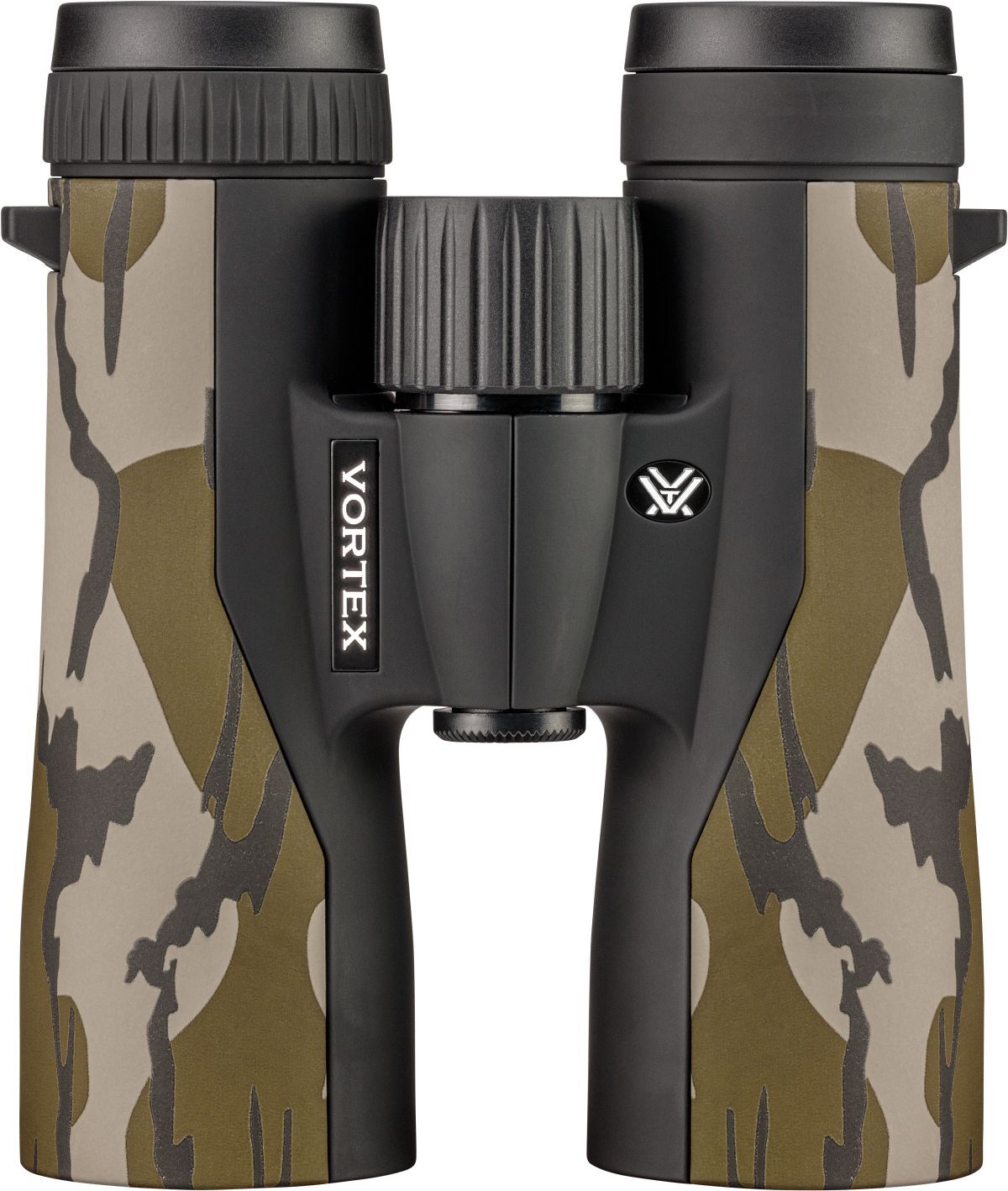 Frontansicht eines Vortex Fernglases mit grün-beigem Camouflage-Muster, großem Mitteltrieb und gummiertem Gehäuse für sicheren Halt bei Jagd und Naturbeobachtung
