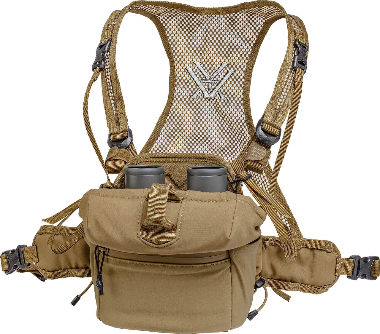 Taktische Brusttasche in Braun mit integrierter Fernglashalterung und verstellbaren Gurten für Outdoor-Aktivitäten