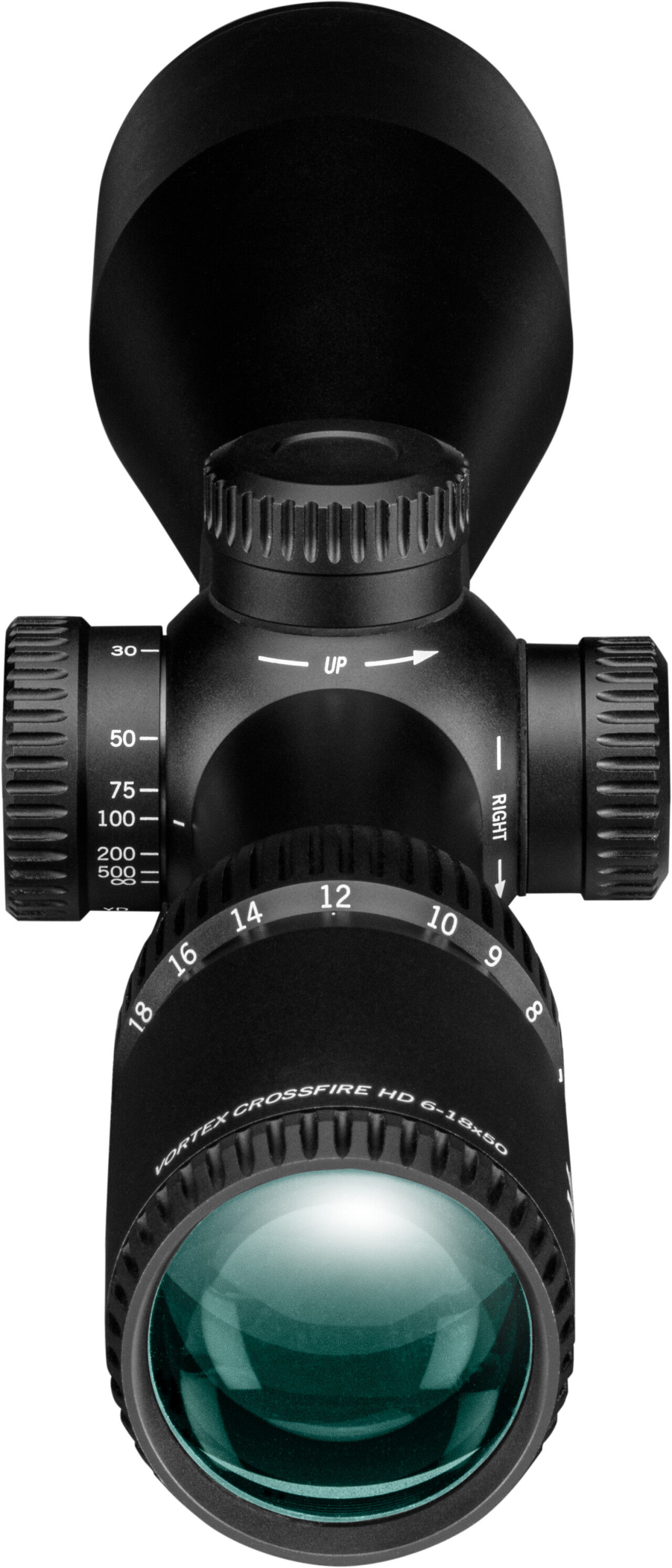 Seitenansicht des Zielfernrohrs Vortex Crossfire HD 6-18x50 mit Einstellungsmöglichkeiten.