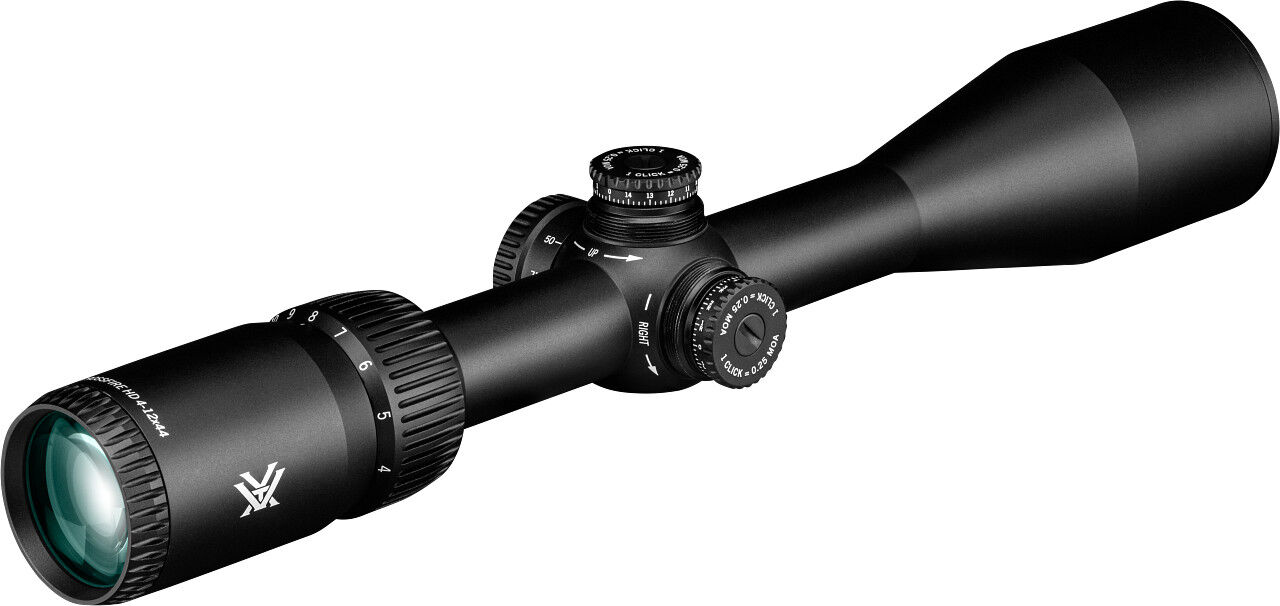 Ein schwarzes Zielfernrohr mit mehreren Einstellungsmöglichkeiten und einer klaren Optik