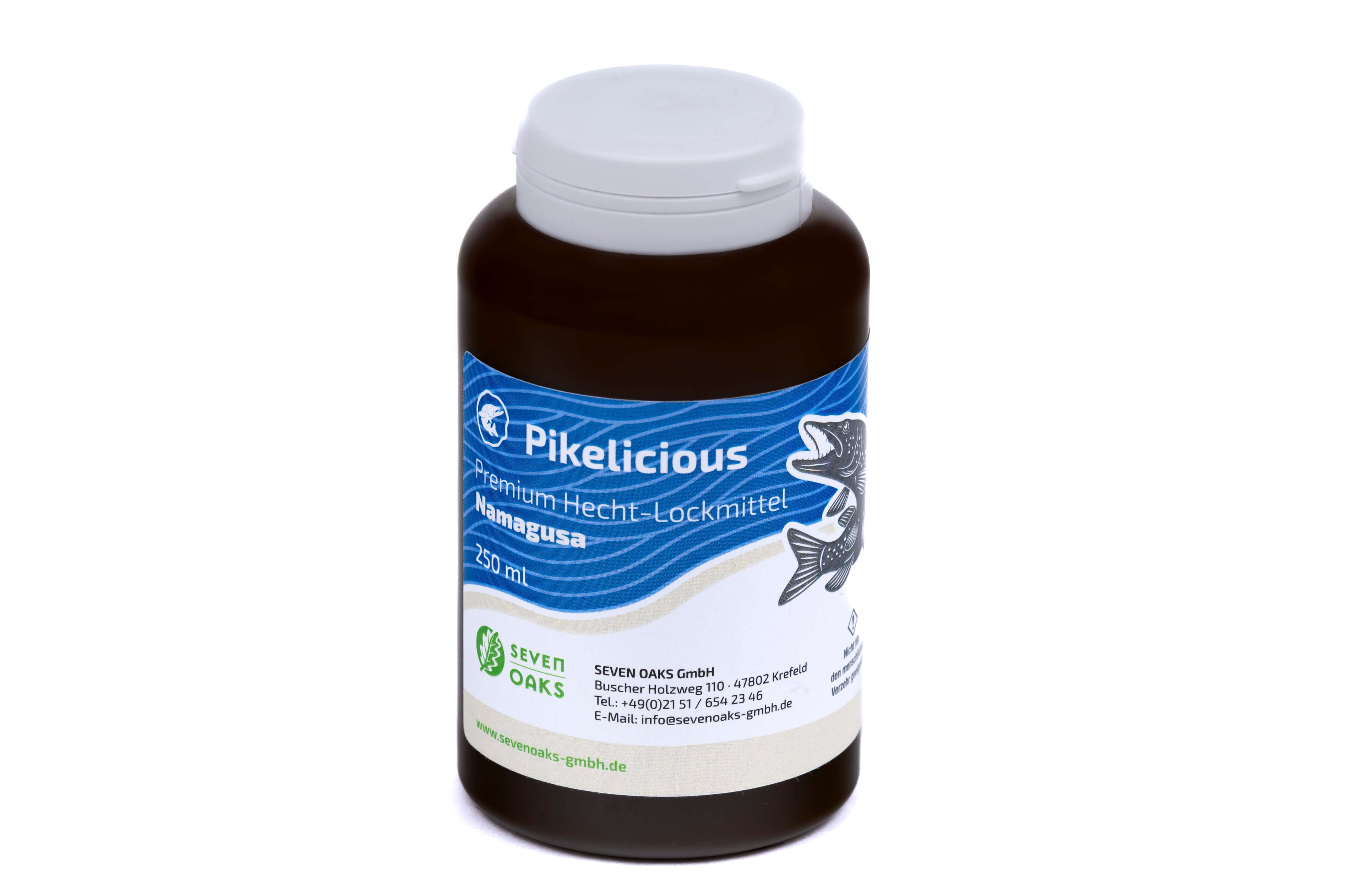 Flasche mit Pikelicious Premium Hecht-Lockmittel, 250 ml, von SEVEN OAKS GmbH