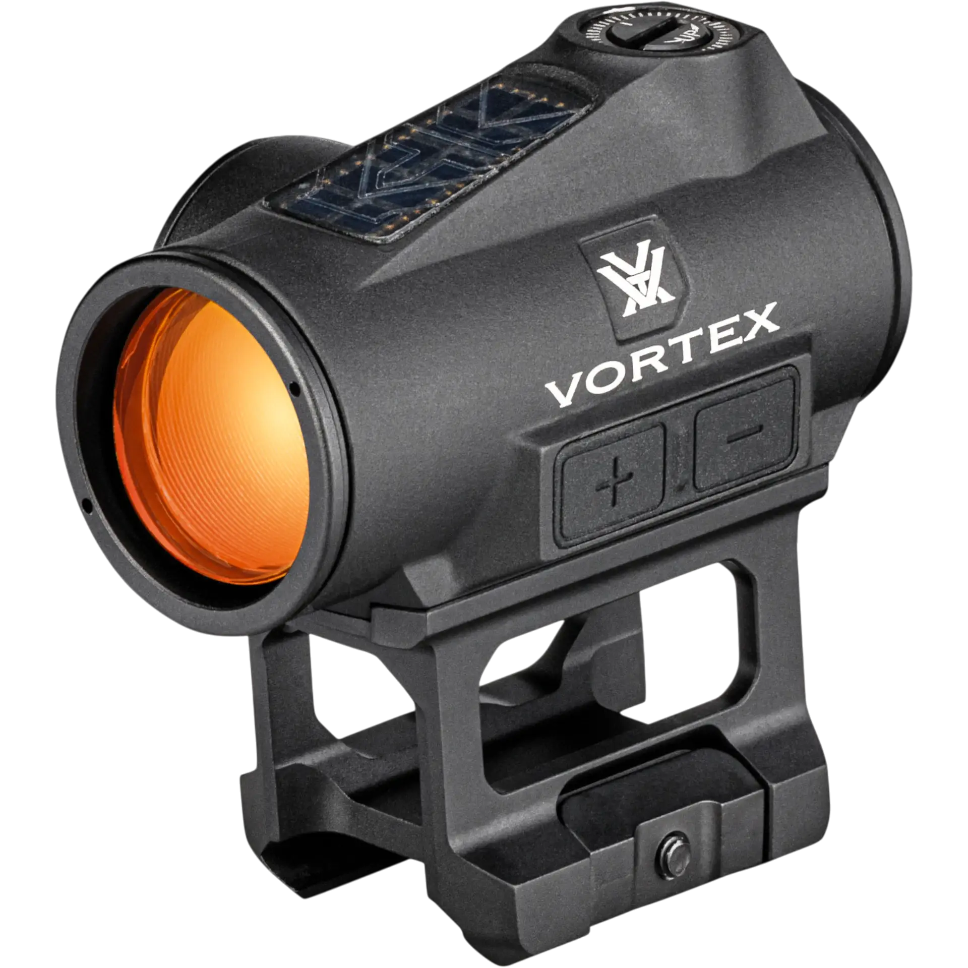 Vortex Rotpunktvisier in Schwarz mit orangener Linse, Solarmodul oben und integrierter Montage für Picatinny-Schiene