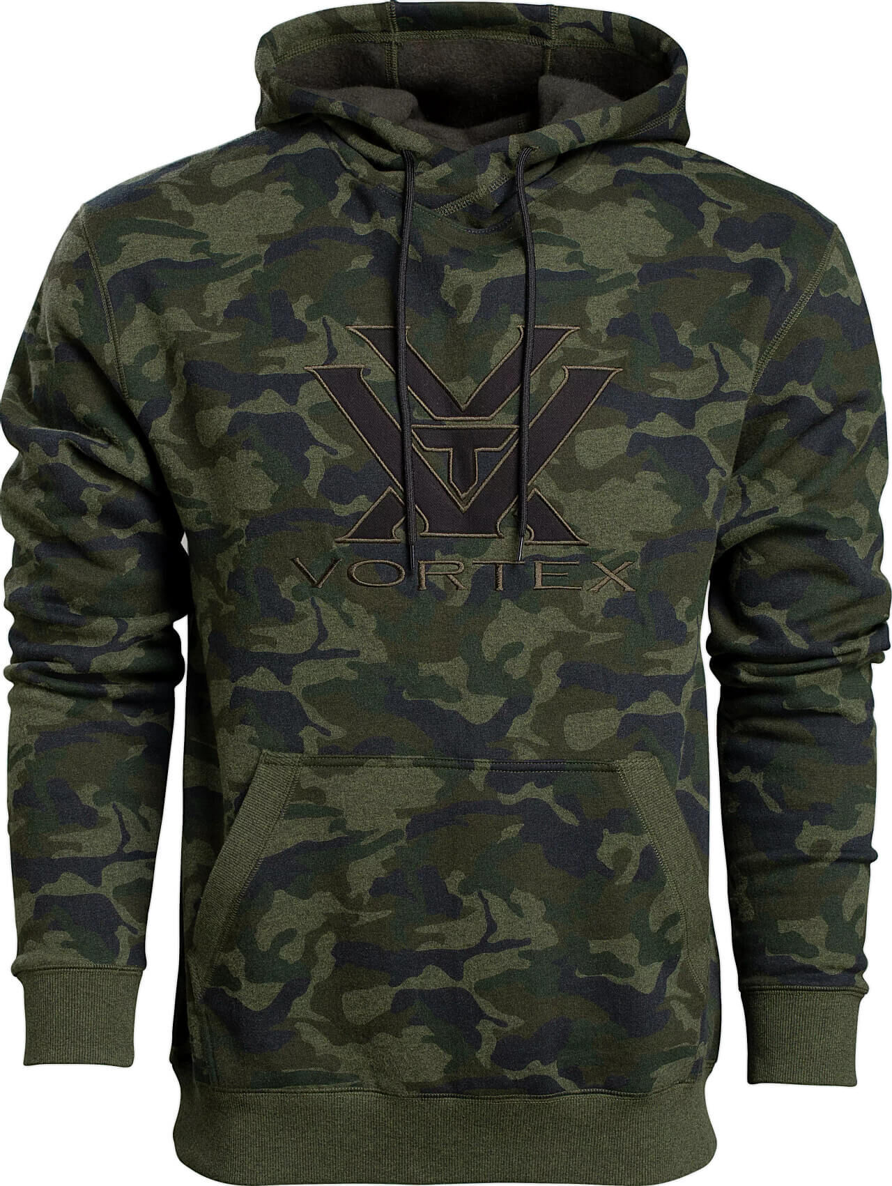 Grüner Camouflage Hoodie mit Vortex-Logo auf der Vorderseite, geeignet für Outdoor-Aktivitäten.