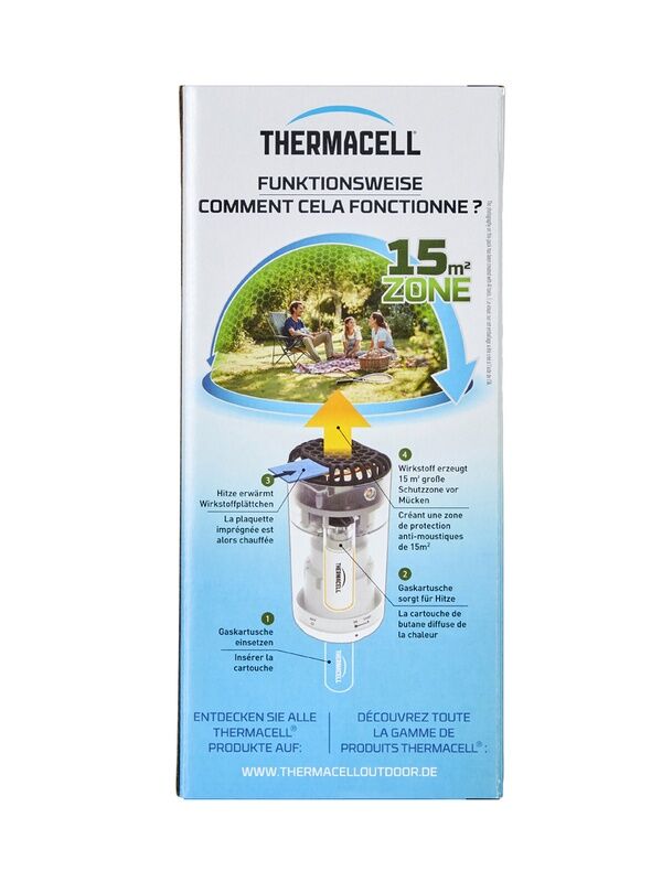 Verpackungsrückseite des Thermacell HALO MINI graphite PT-19 Mückenabwehrgeräts mit grafischer Darstellung der Funktionsweise und 15 m² Schutzzone für Terrasse, Balkon, Garten und Camping