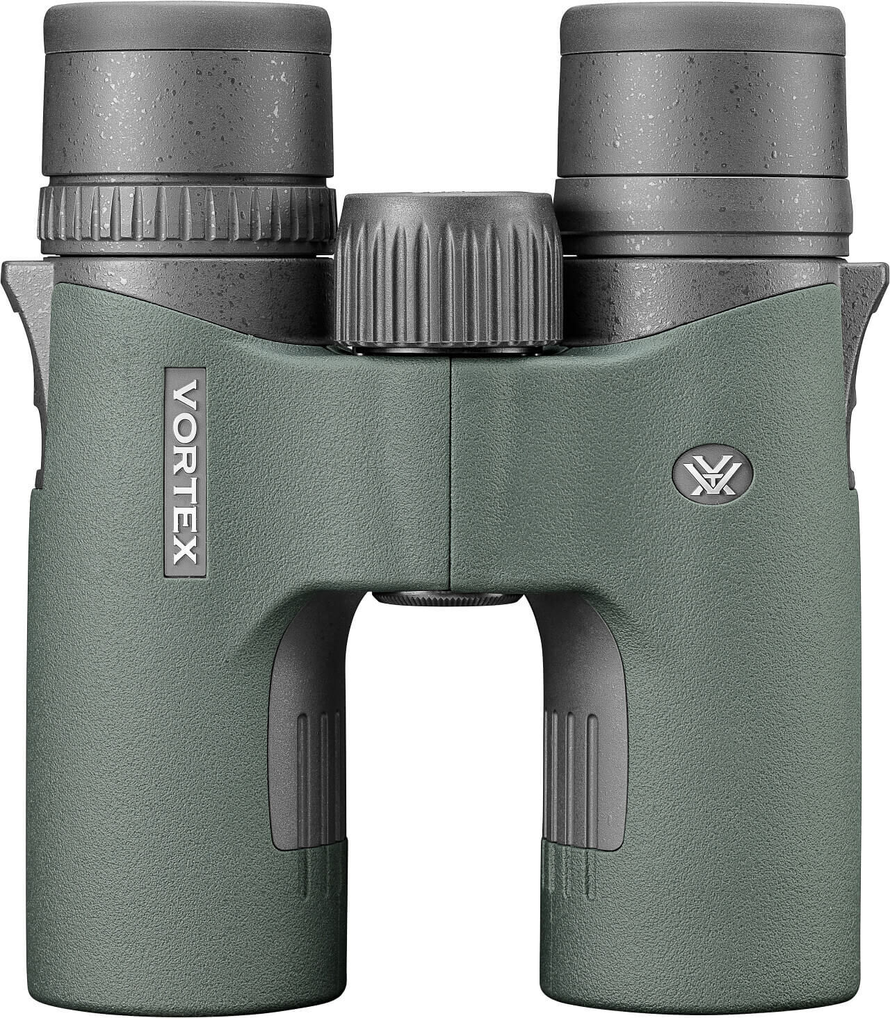 Vortex Fernglas mit grünem und grauem Design, ideal für Outdoor-Aktivitäten
