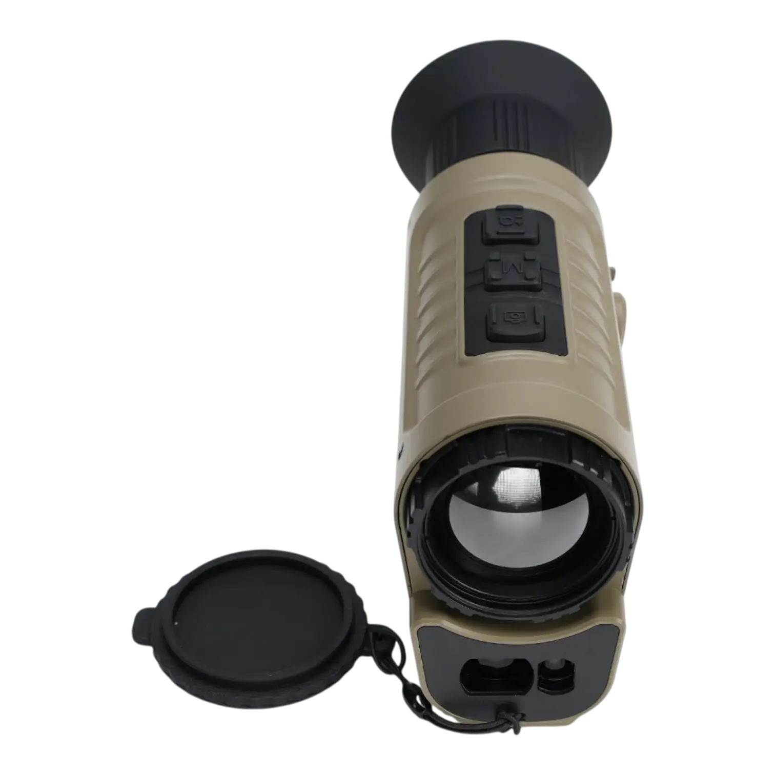 Zentron ZEN M6 Pro TAN Wärmebild-Monokular mit geöffnetem Objektivdeckel, 640×512 VOx-Sensor, wechselbaren 25/35/50-mm-Objektiven und integriertem Laser-Entfernungsmesser bis 1.200 m