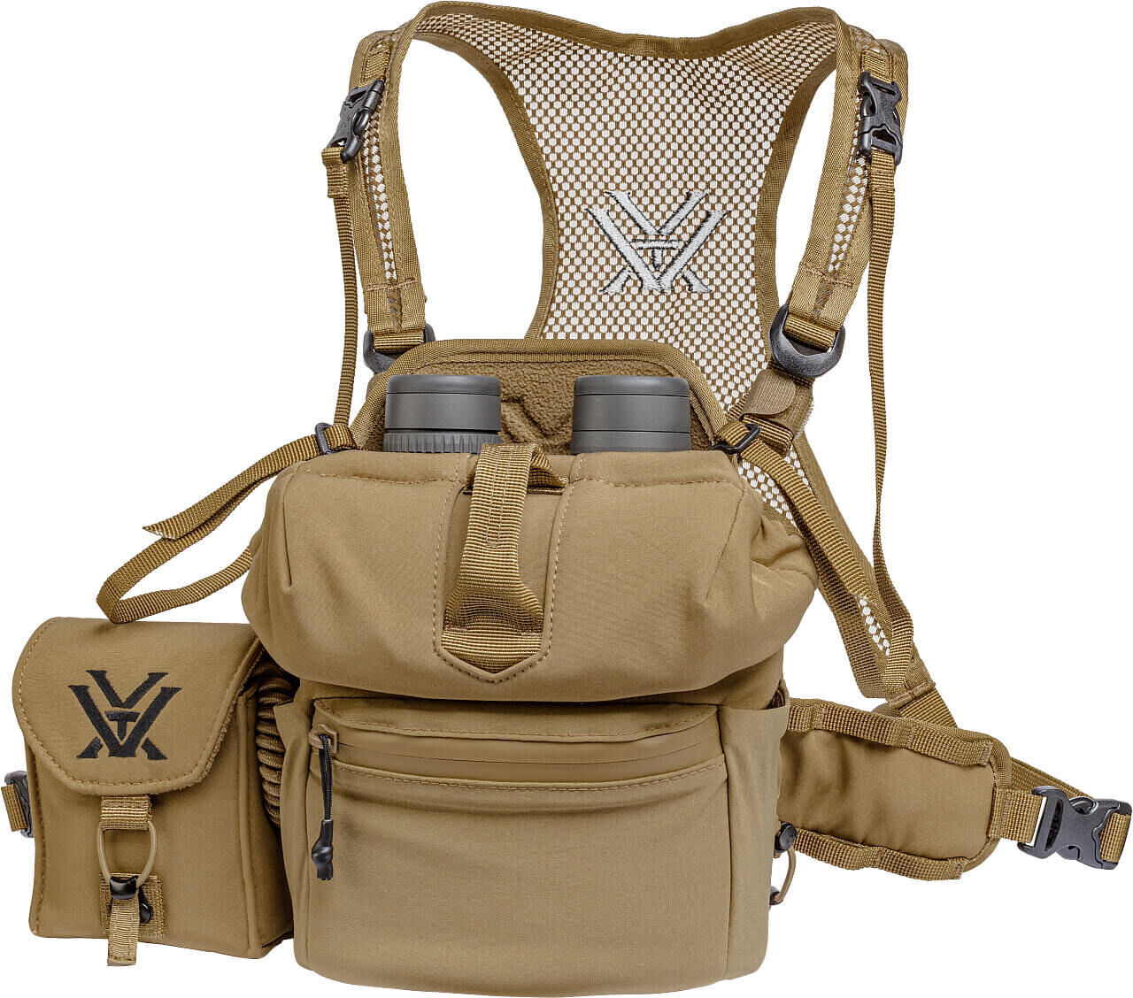 Taktische Brusttasche mit integrierter Fernglas-Halterung in brauner Farbe und verstellbaren Riemen