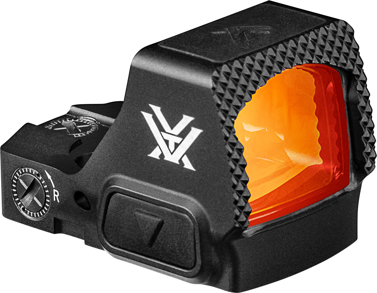Schwarzes Reflexvisier mit orangem Sichtfenster und Logo für präzise Zielerfassung