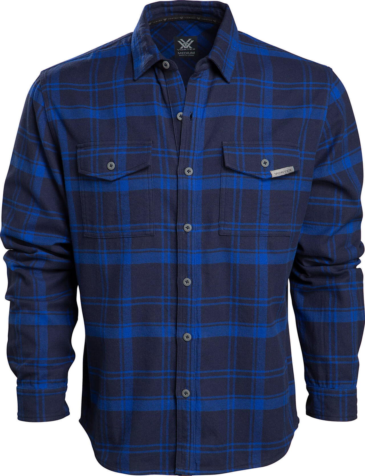 Blau kariertes Herren-Flanellhemd mit Knöpfen und Brusttaschen