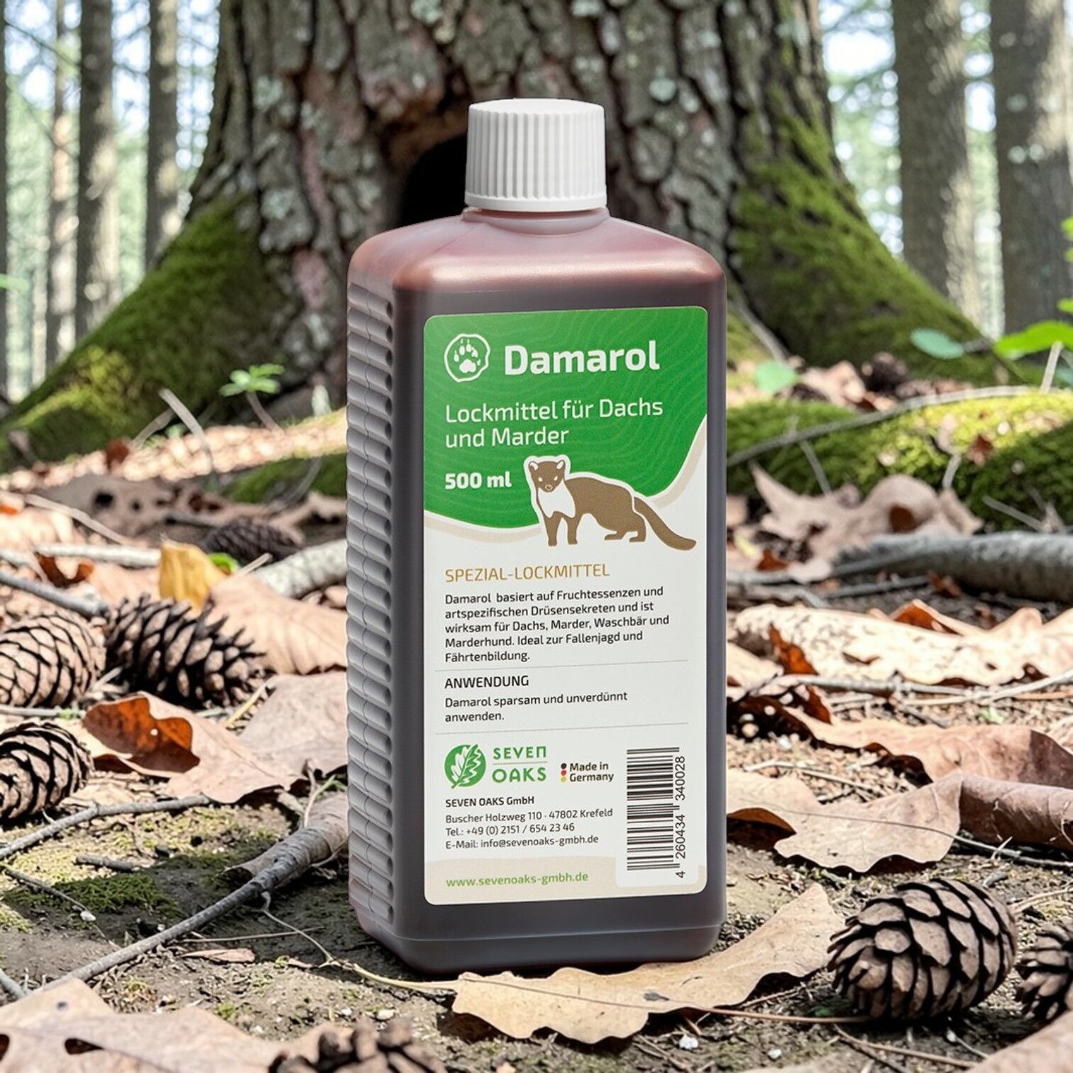 Flasche Damarol Lockmittel für Marder, Dachs, Waschbär und Nutria 500 ml von Seven Oaks im Wald, Spezial-Lockmittel zur Fallenjagd und Fährtenbildung