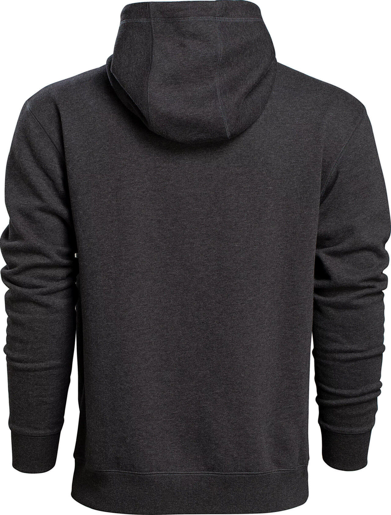 Rückseite eines dunkelgrauen Hoodies mit Kapuze, langen Ärmeln und Bündchen