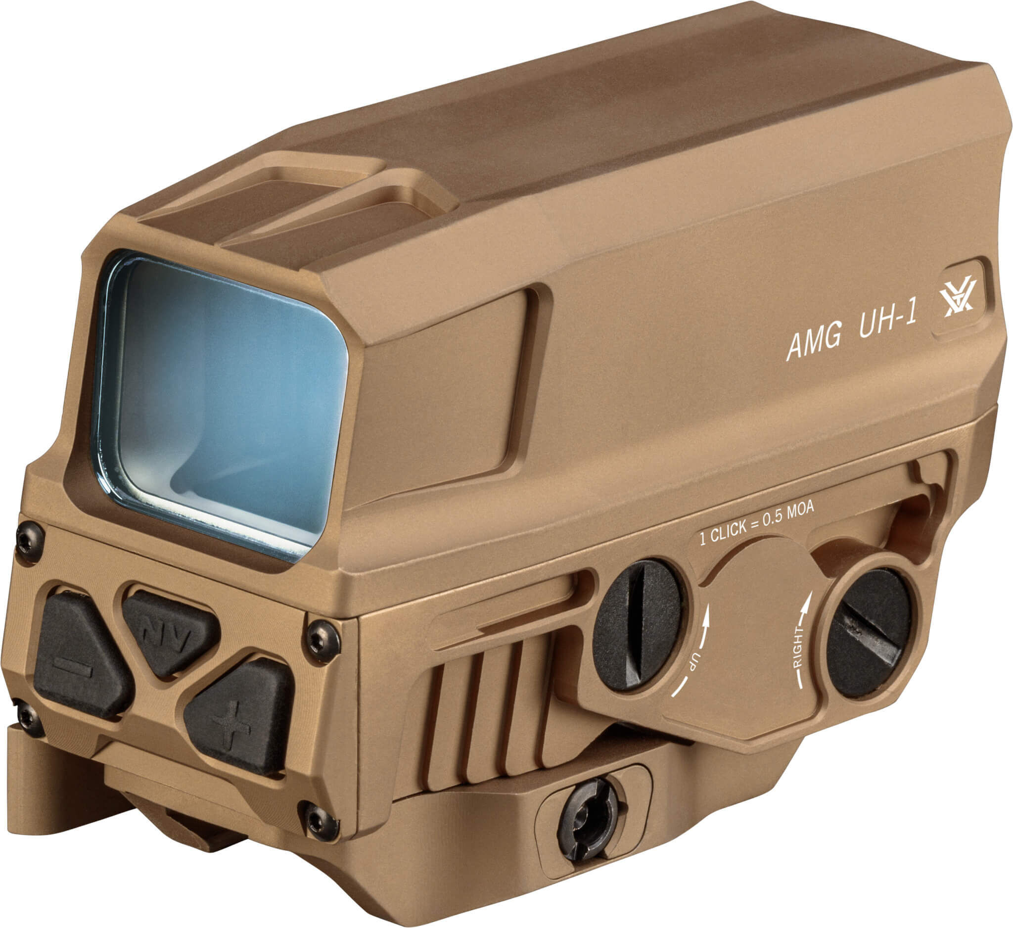 Nahaufnahme eines braunen holographischen Visiers AMG UH-1 mit Tasten und Einstellungen