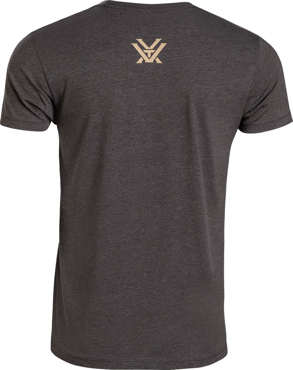 Rückenansicht des Vortex Mossy Oak Bottomland Camo Core Logo T-Shirts in Dunkelgrau mit hellem Vortex Logo im Nacken, Freizeit- und Jagdshirt von Vortex