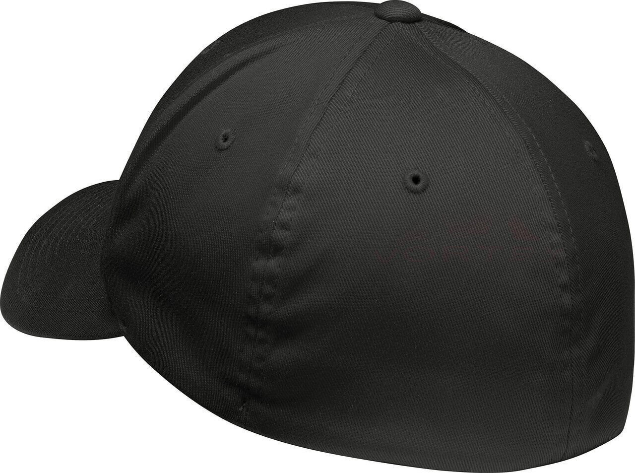 Rückansicht einer schlichten schwarzen Baseballkappe mit gebogenem Schirm
