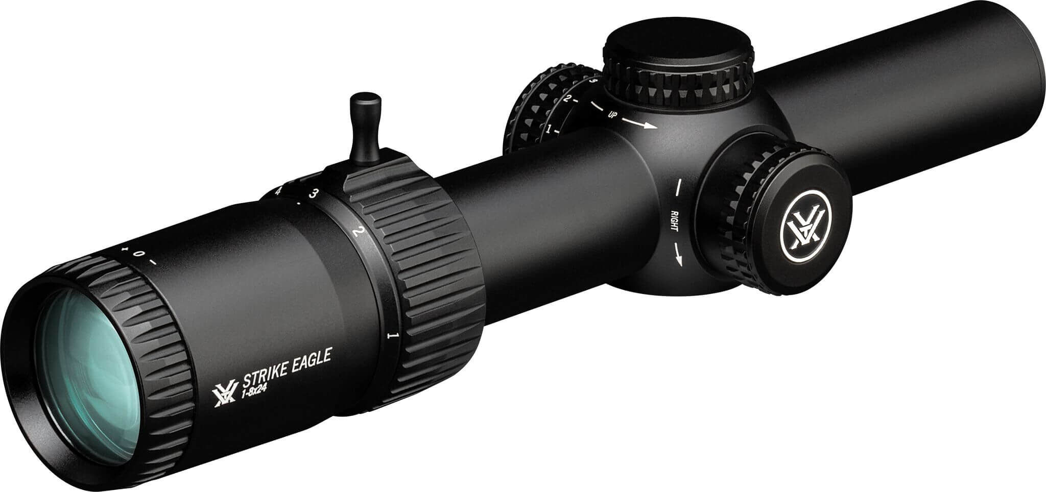 Ein Vortex Strike Eagle Zielfernrohr mit Vergrößerungseinstellungen 1-8x24, robustes Design für präzise Schussabgabe.