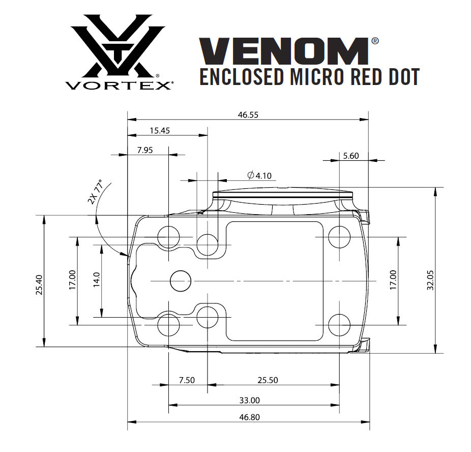 Technische Zeichnung des Venom Enclosed Micro Red Dot von Vortex mit Maßen in Millimetern
