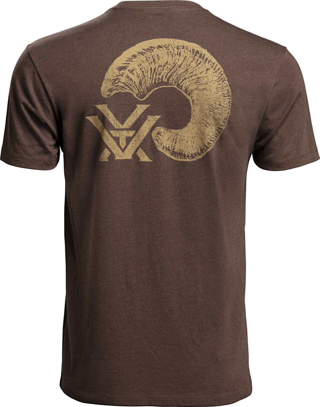 Rückansicht eines braunen T-Shirts mit einem großen Horn- und Logo-Design auf dem Rücken