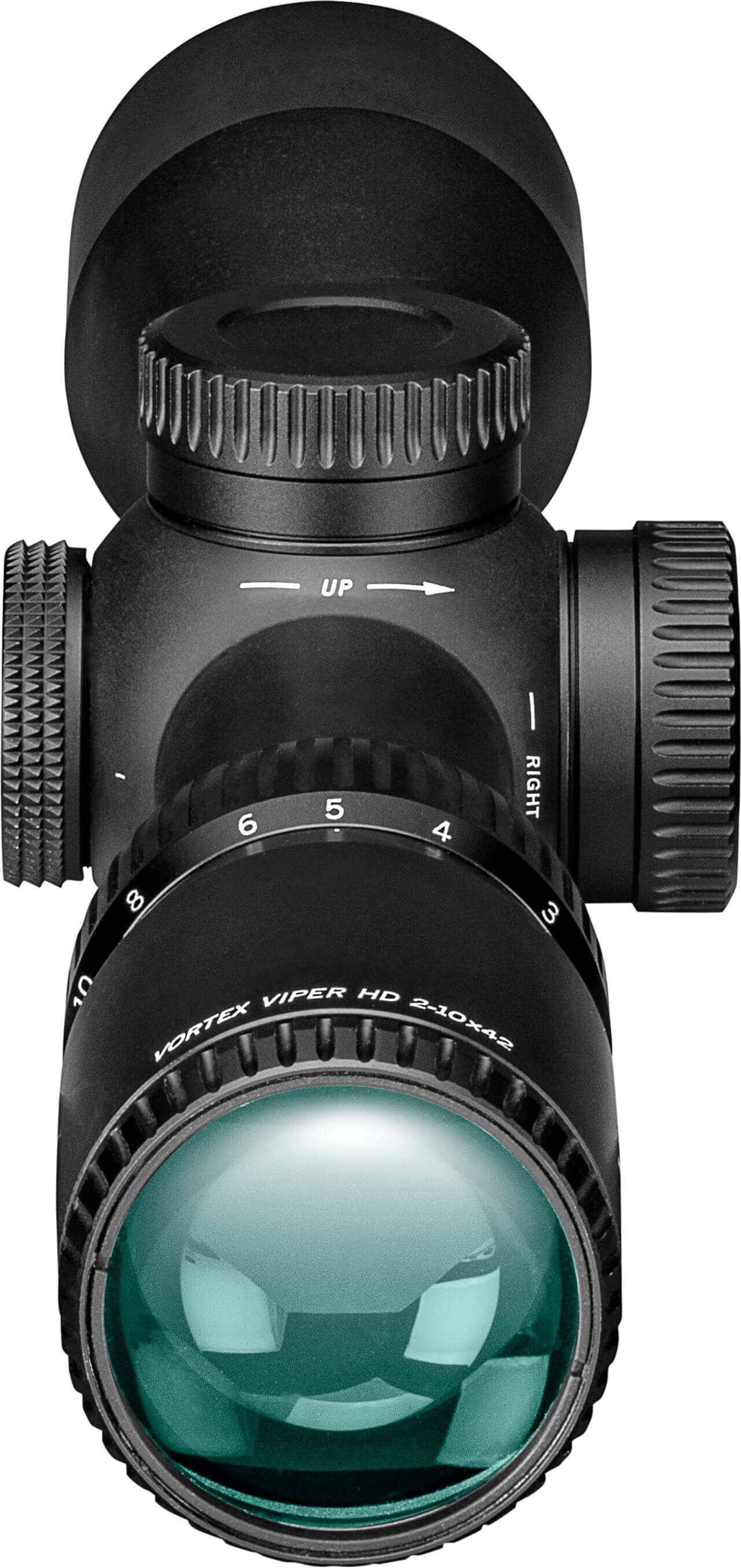 Nahaufnahme eines Vortex Viper HD Zielfernrohrs mit 2-10x42 Vergrößerung, das mehrere Einstellräder zeigt.