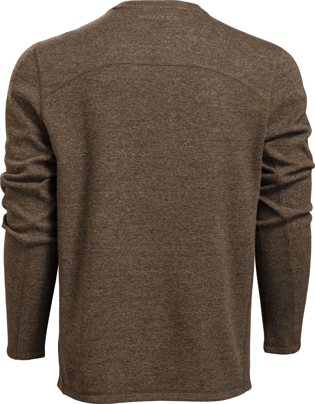Rückansicht eines braunen Herren-Langarmshirts mit runden Kragen und geraden Nähten