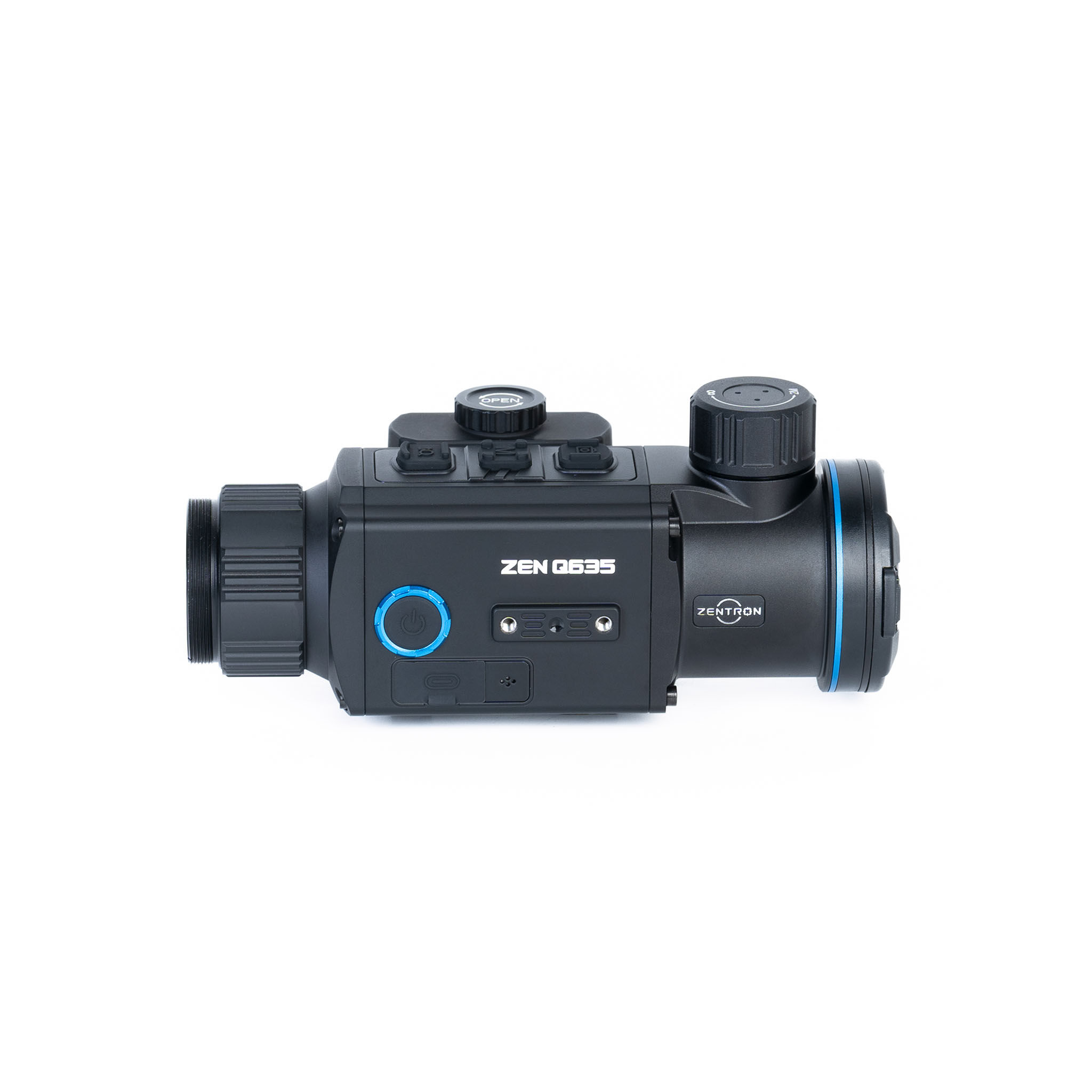 Nachtsichtgerät Modell Zentron Zen Q635, schwarz mit blauen Details, seitliche Ansicht